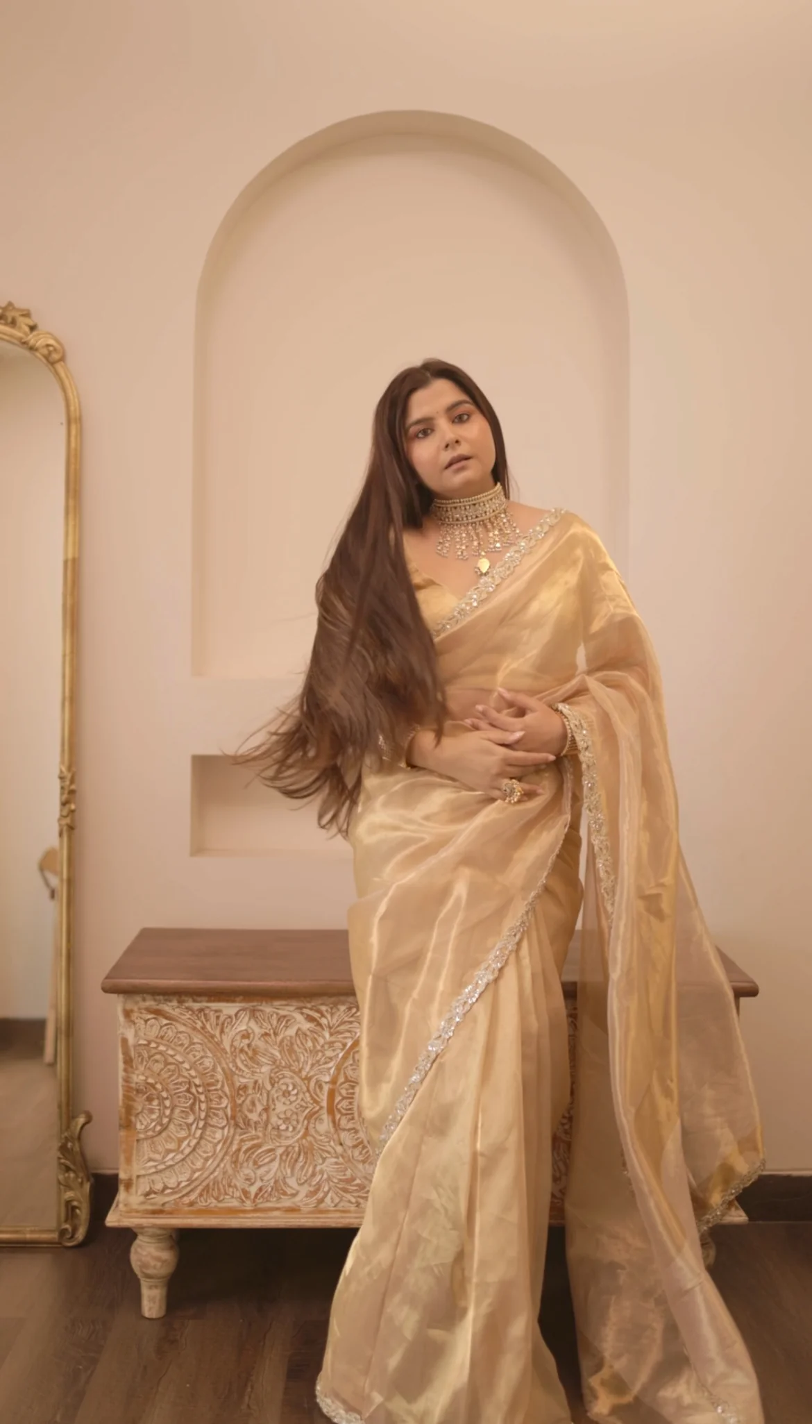 Molten gold chanderi tissue silk saree with intricate work border - Image 16