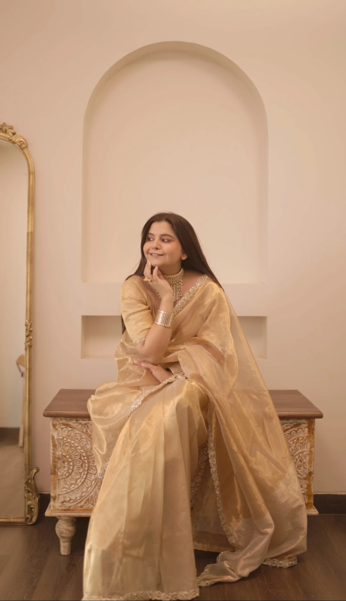 Molten gold chanderi tissue silk saree with intricate work border - Image 19