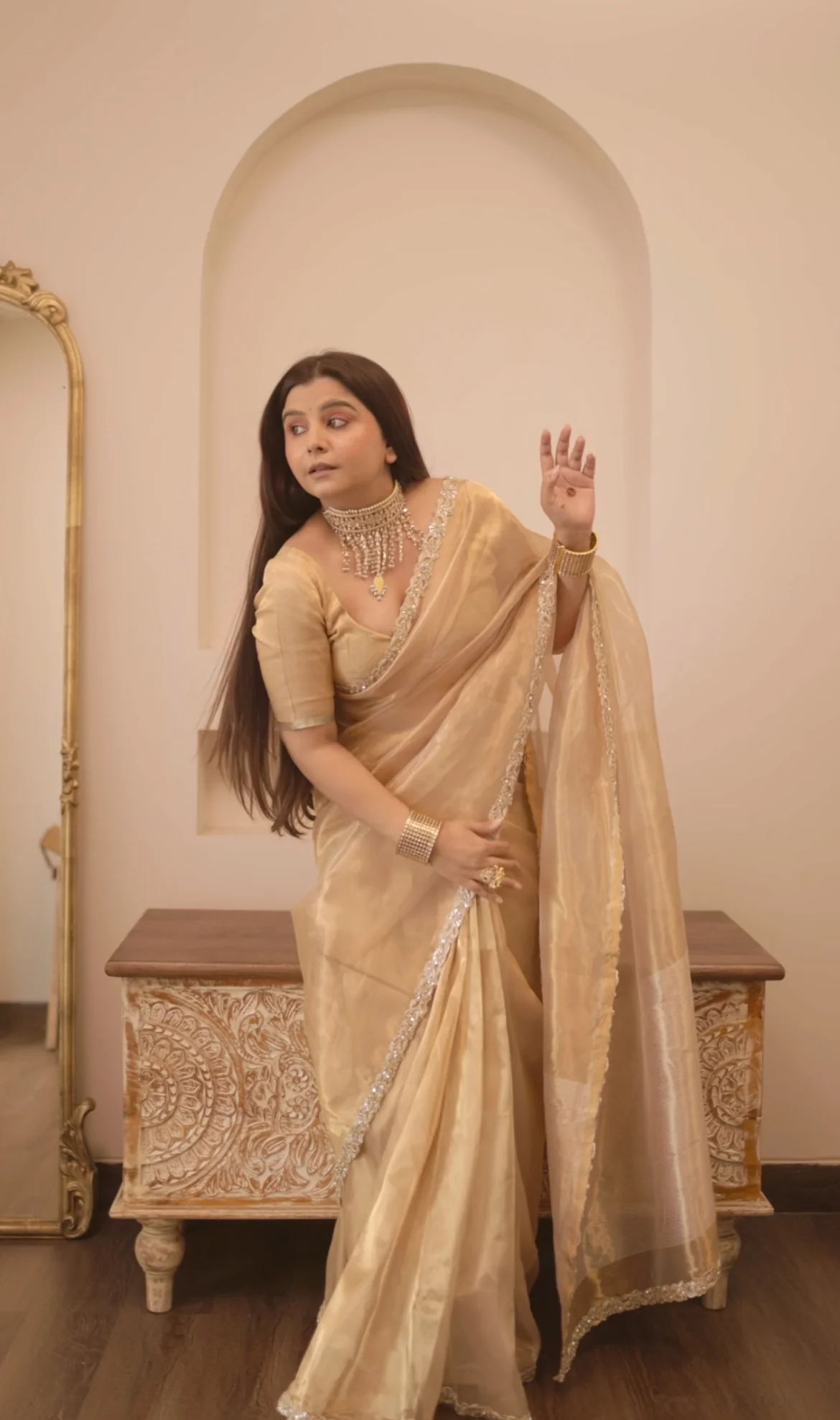 Molten gold chanderi tissue silk saree with intricate work border - Image 20