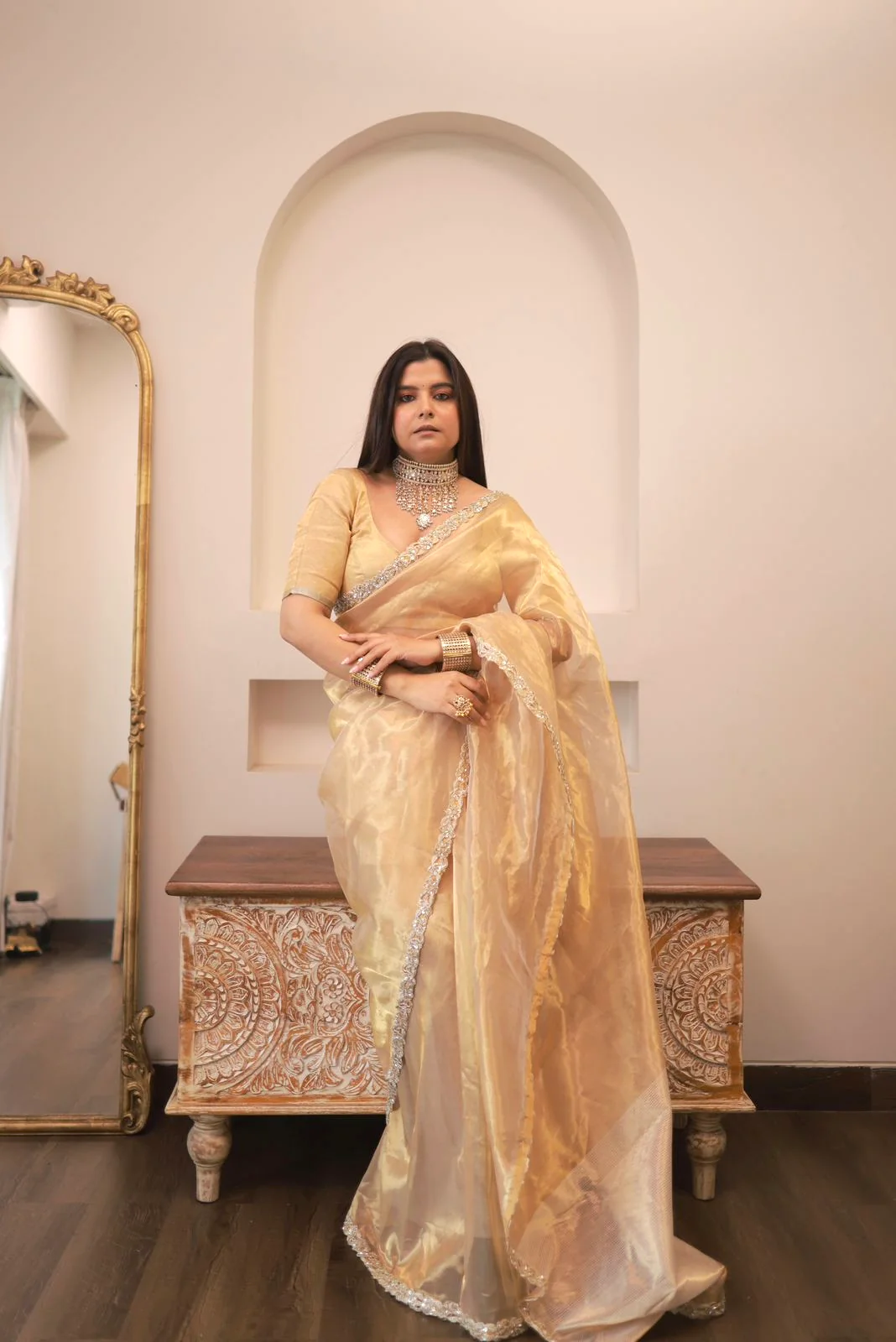 Molten gold chanderi tissue silk saree with intricate work border - Image 21