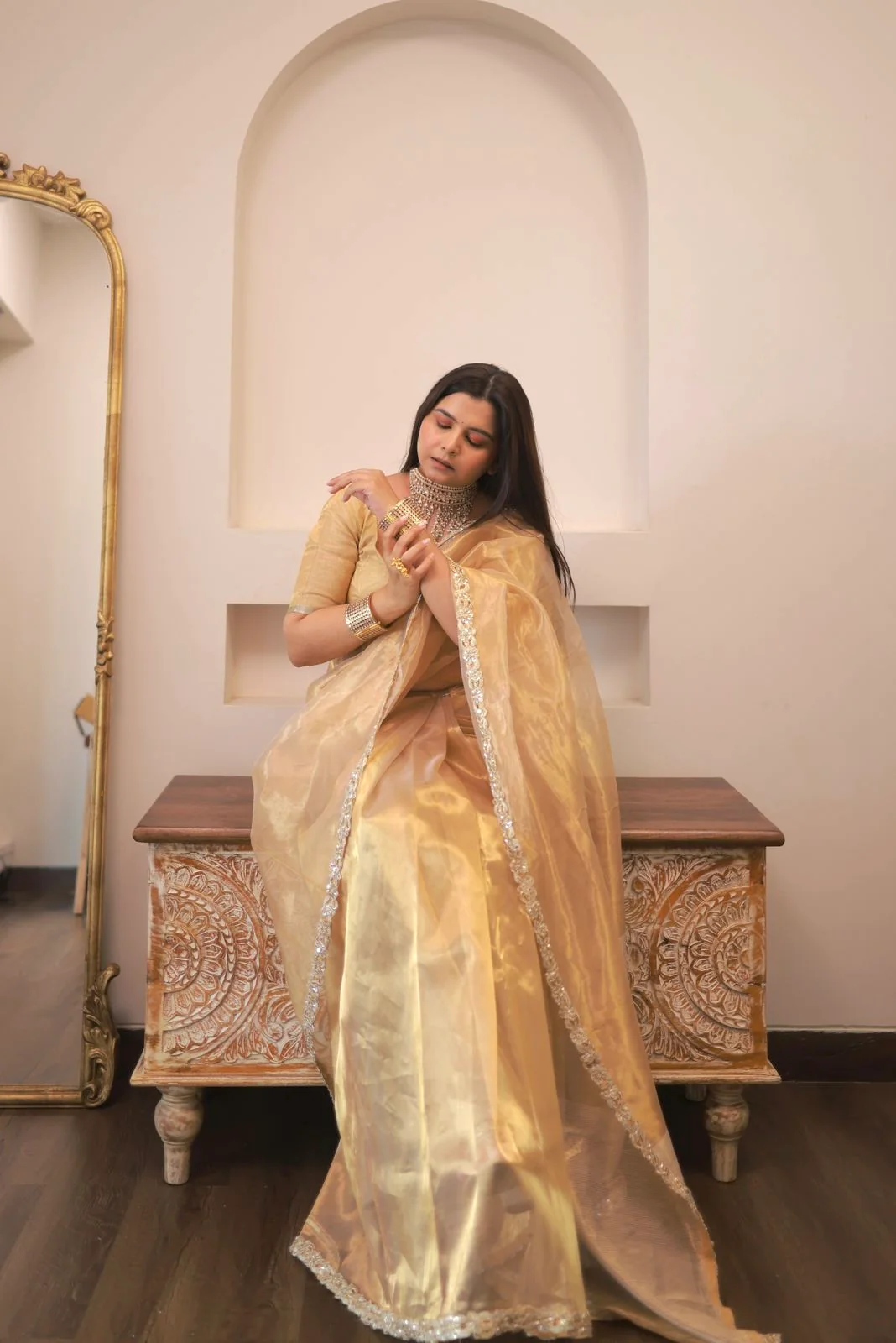 Molten gold chanderi tissue silk saree with intricate work border - Image 22