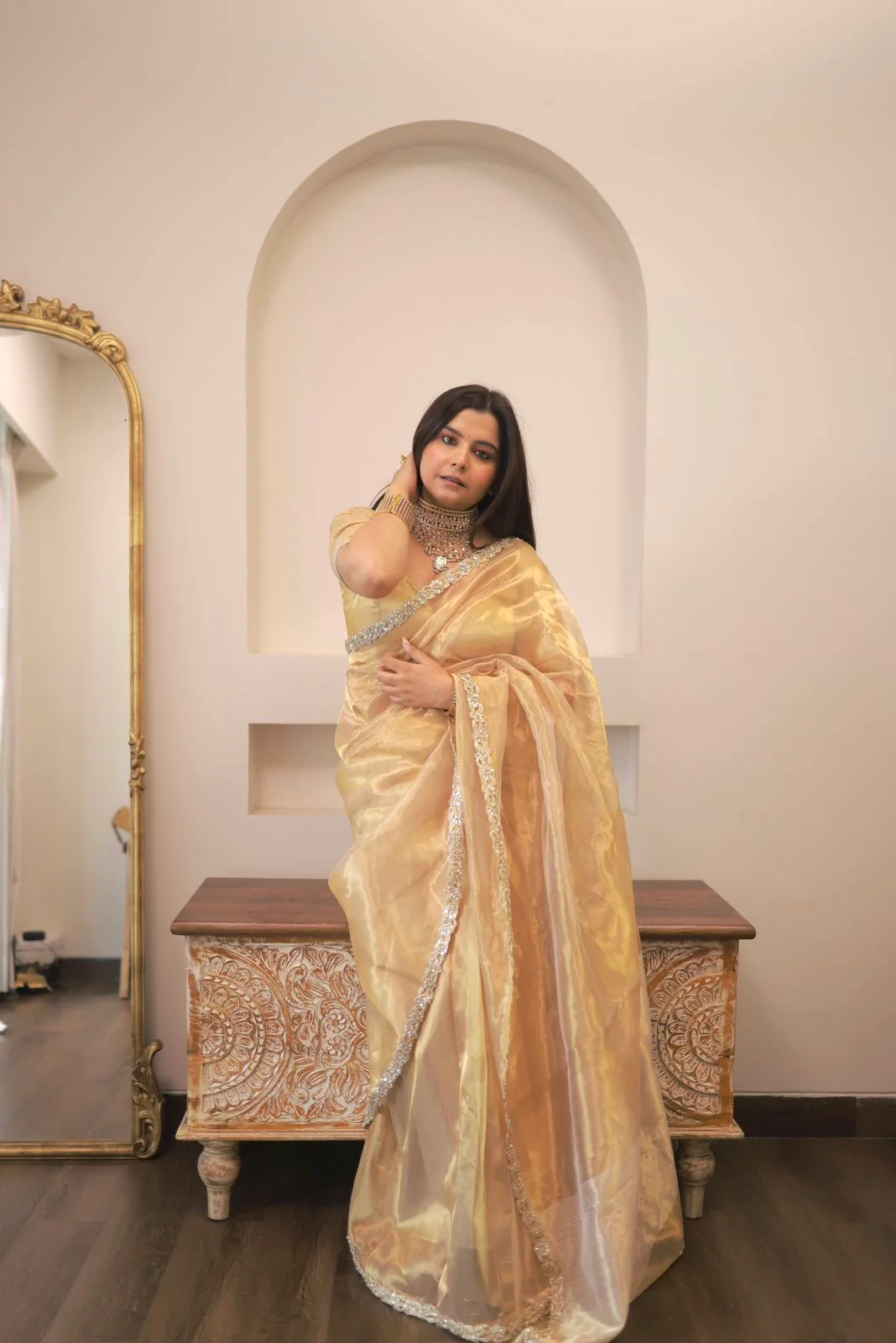 Molten gold chanderi tissue silk saree with intricate work border - Image 23
