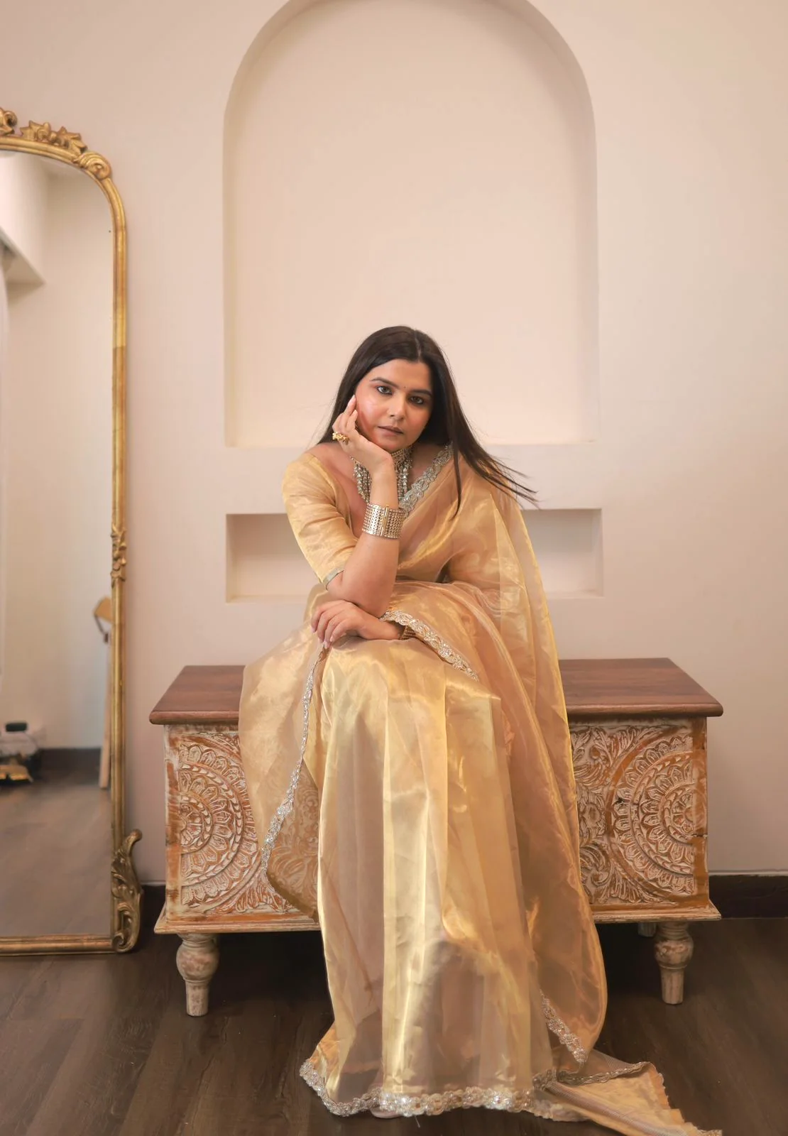 Molten gold chanderi tissue silk saree with intricate work border - Image 5