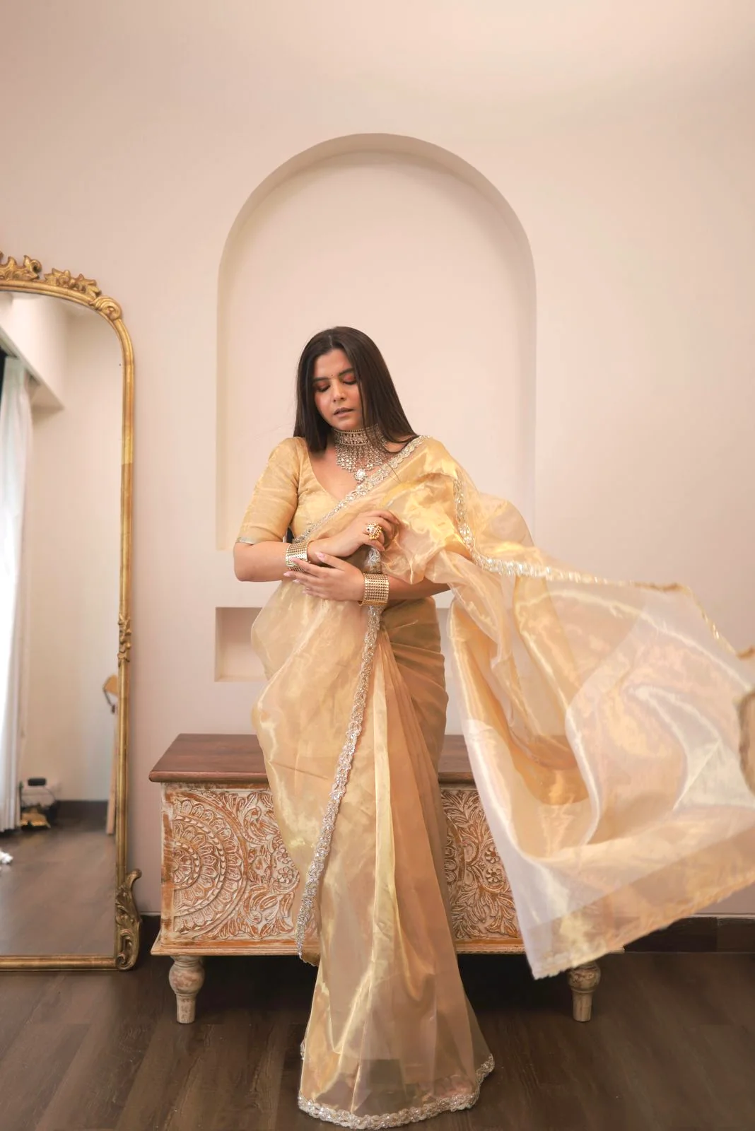 Molten gold chanderi tissue silk saree with intricate work border - Image 8