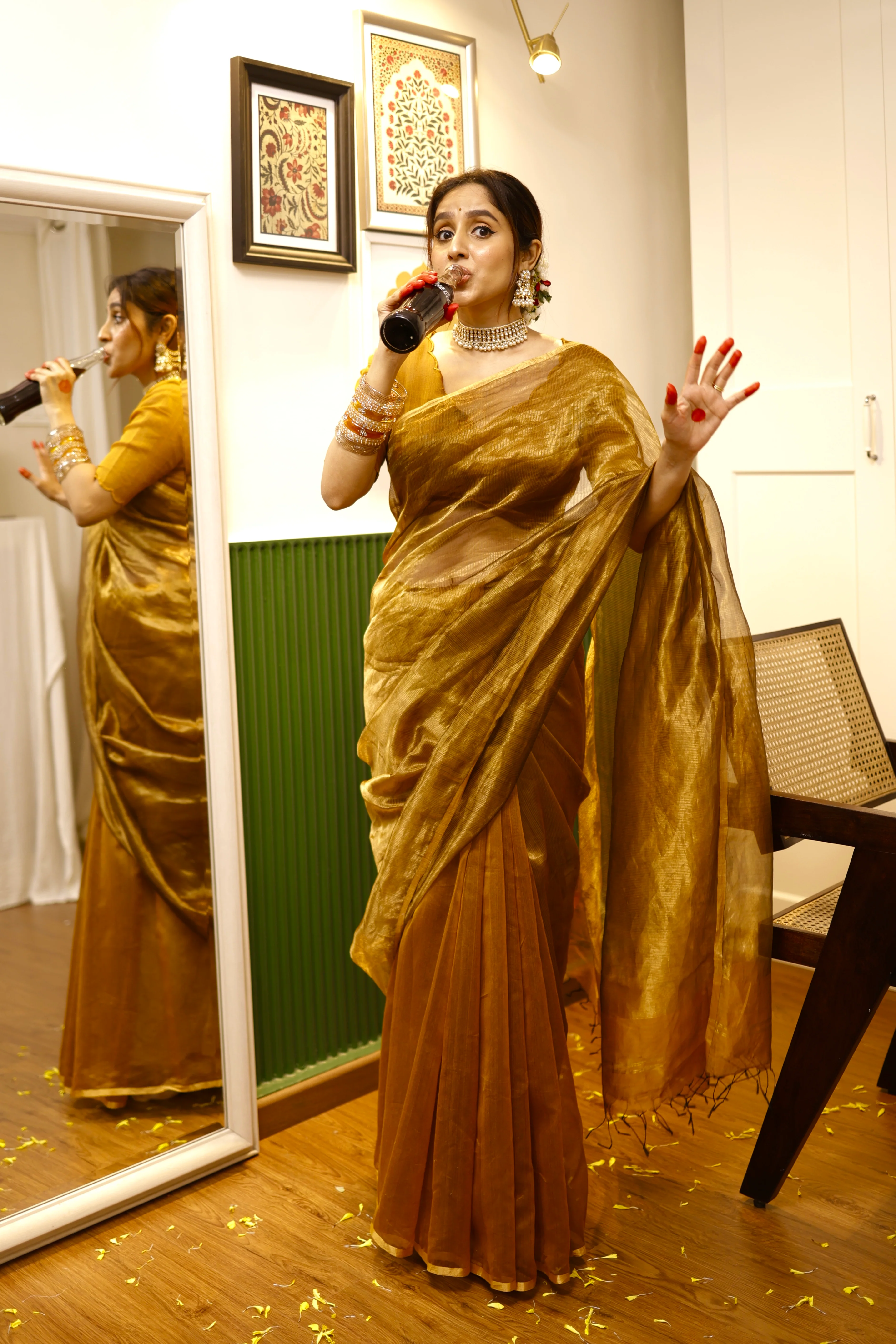 Mustard and gold maheshwari saree with zari border - Image 19