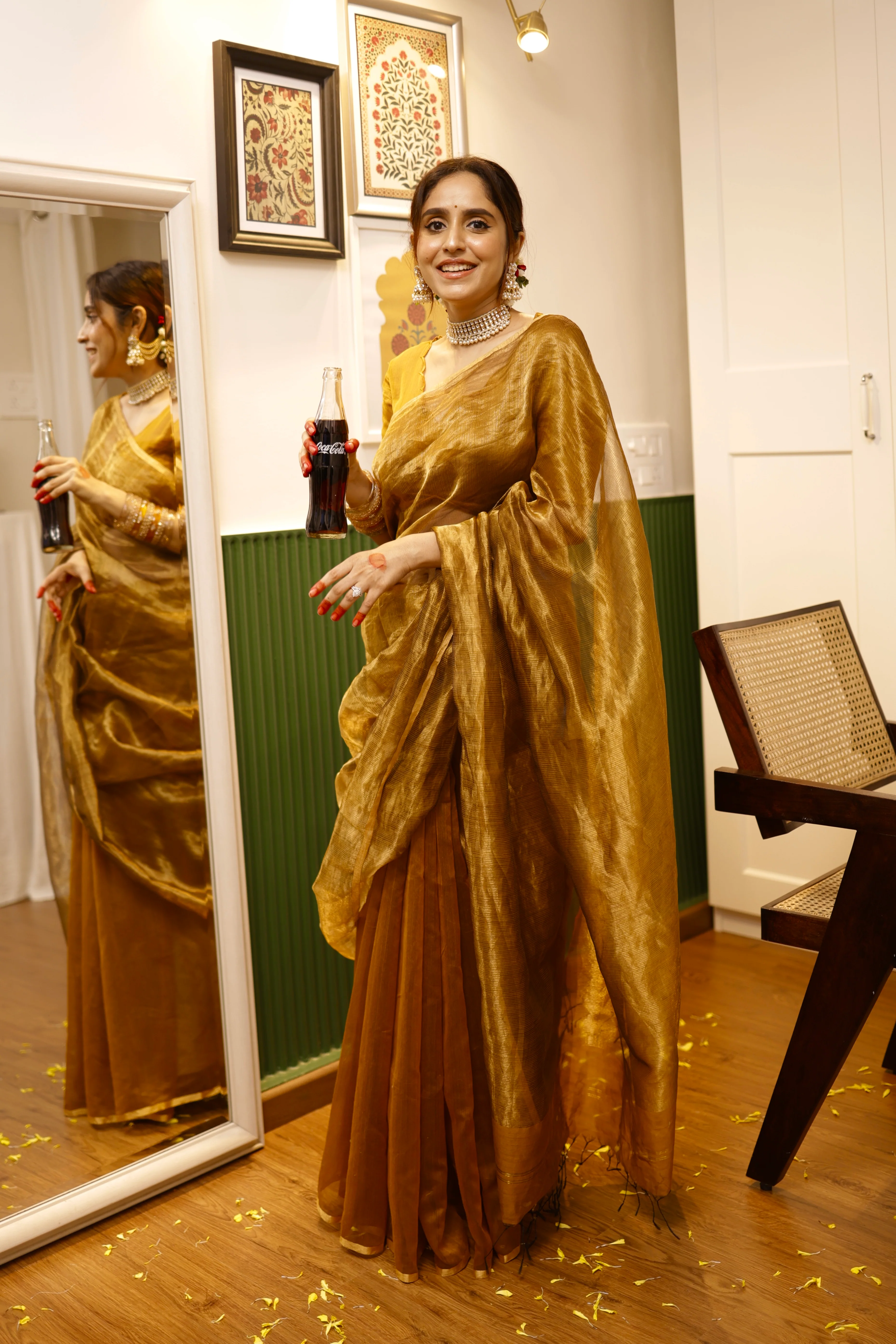 Mustard and gold maheshwari saree with zari border - Image 6