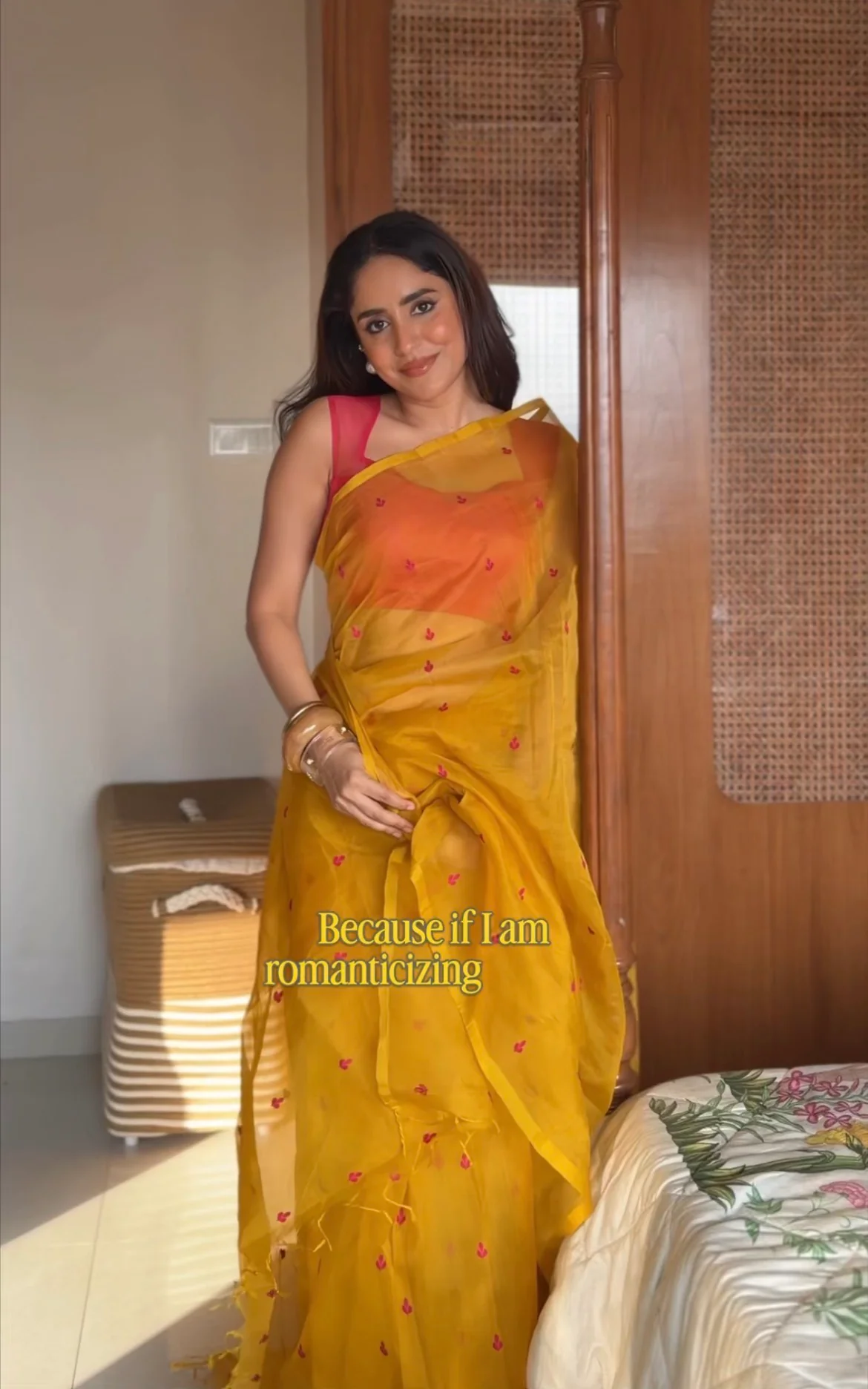 Mustard and pink Chanderi silk saree with resham bootis all over