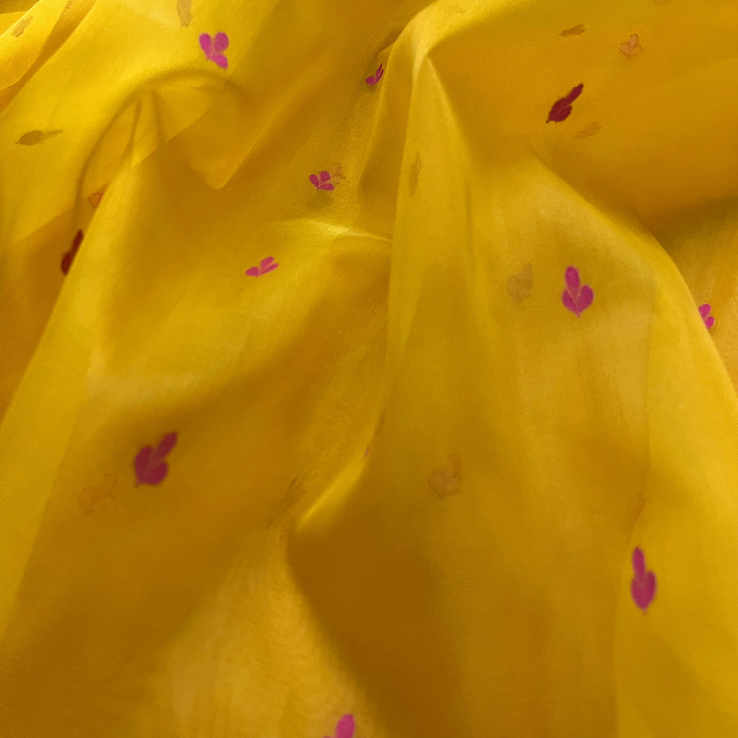 Mustard and pink Chanderi silk saree with resham bootis all over - Image 13