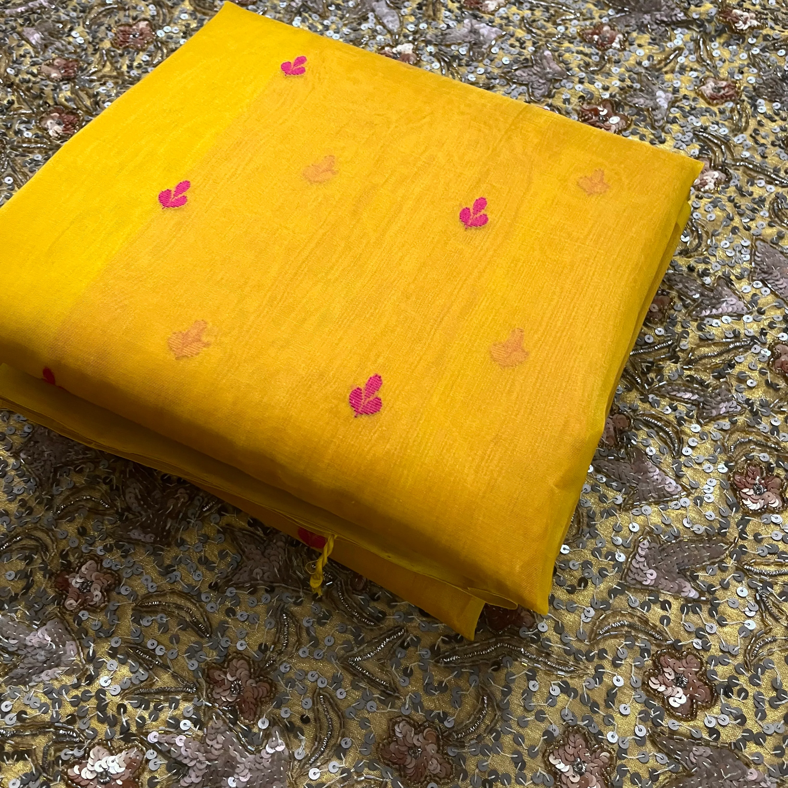Mustard and pink Chanderi silk saree with resham bootis all over - Image 16