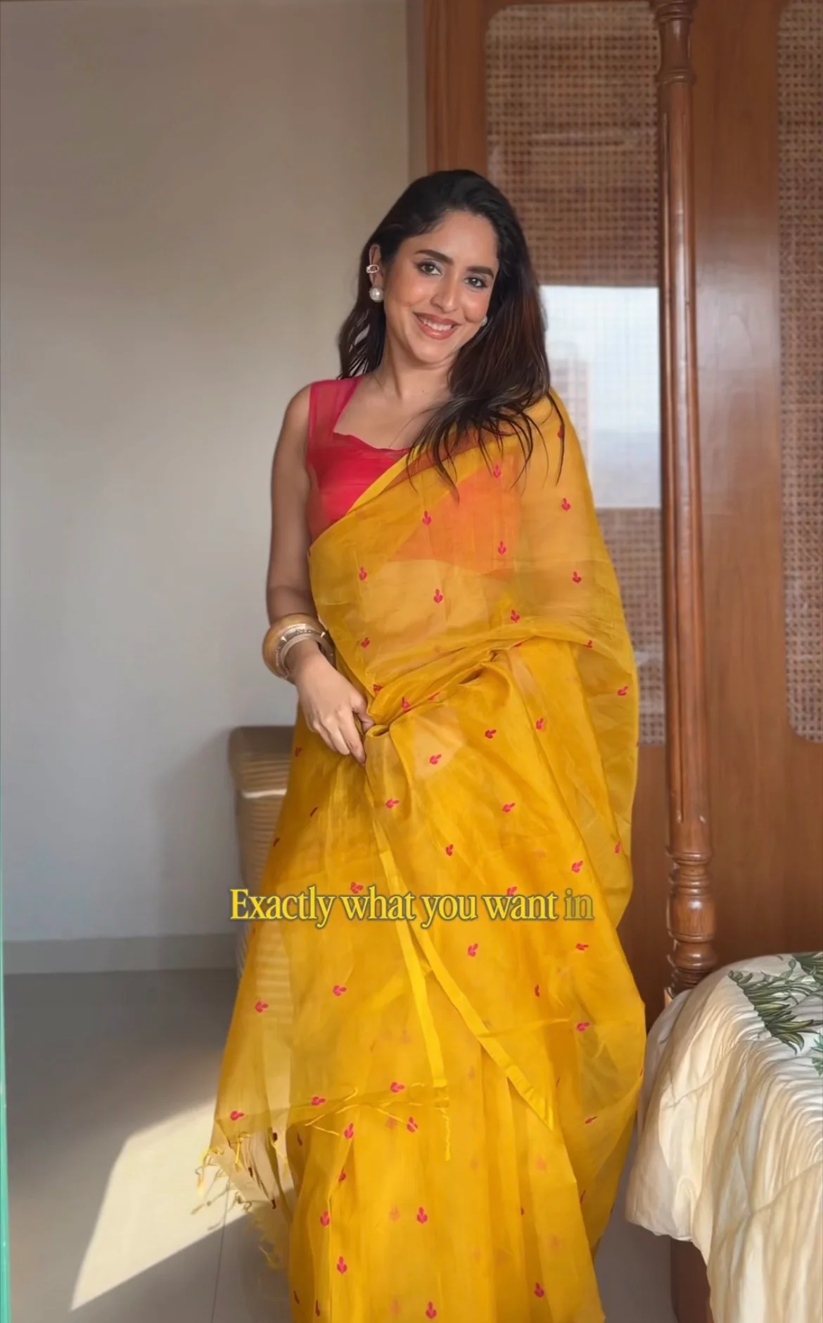 Mustard and pink Chanderi silk saree with resham bootis all over - Image 2