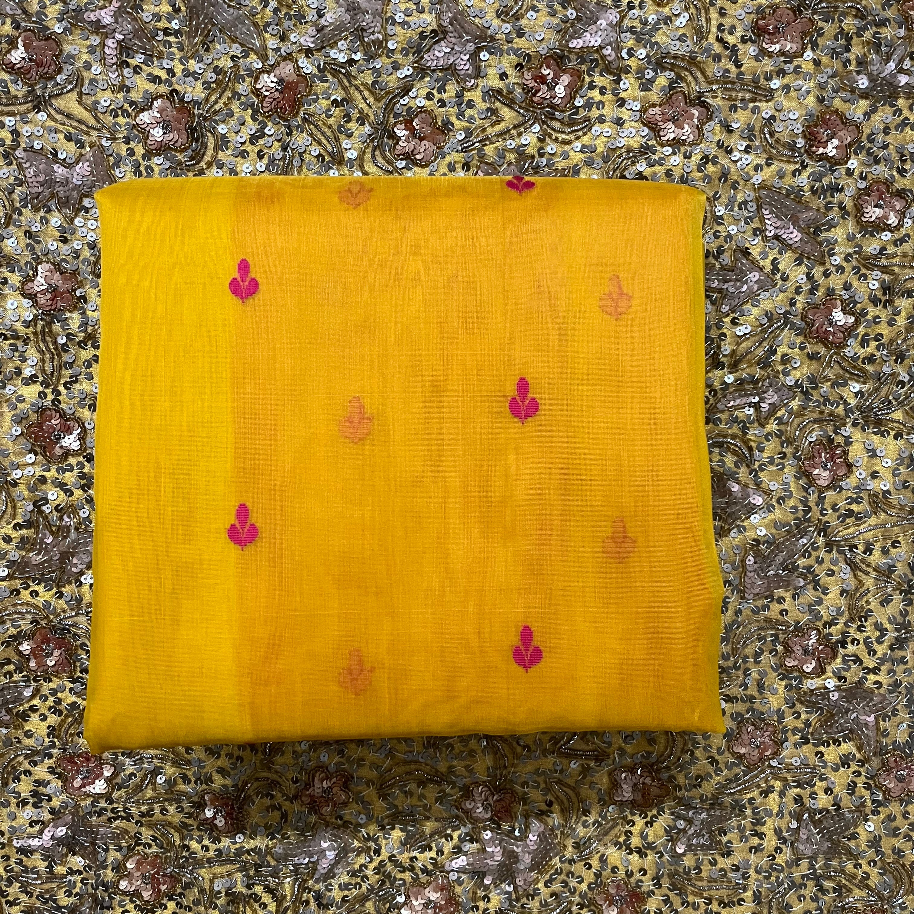 Mustard and pink Chanderi silk saree with resham bootis all over - Image 5