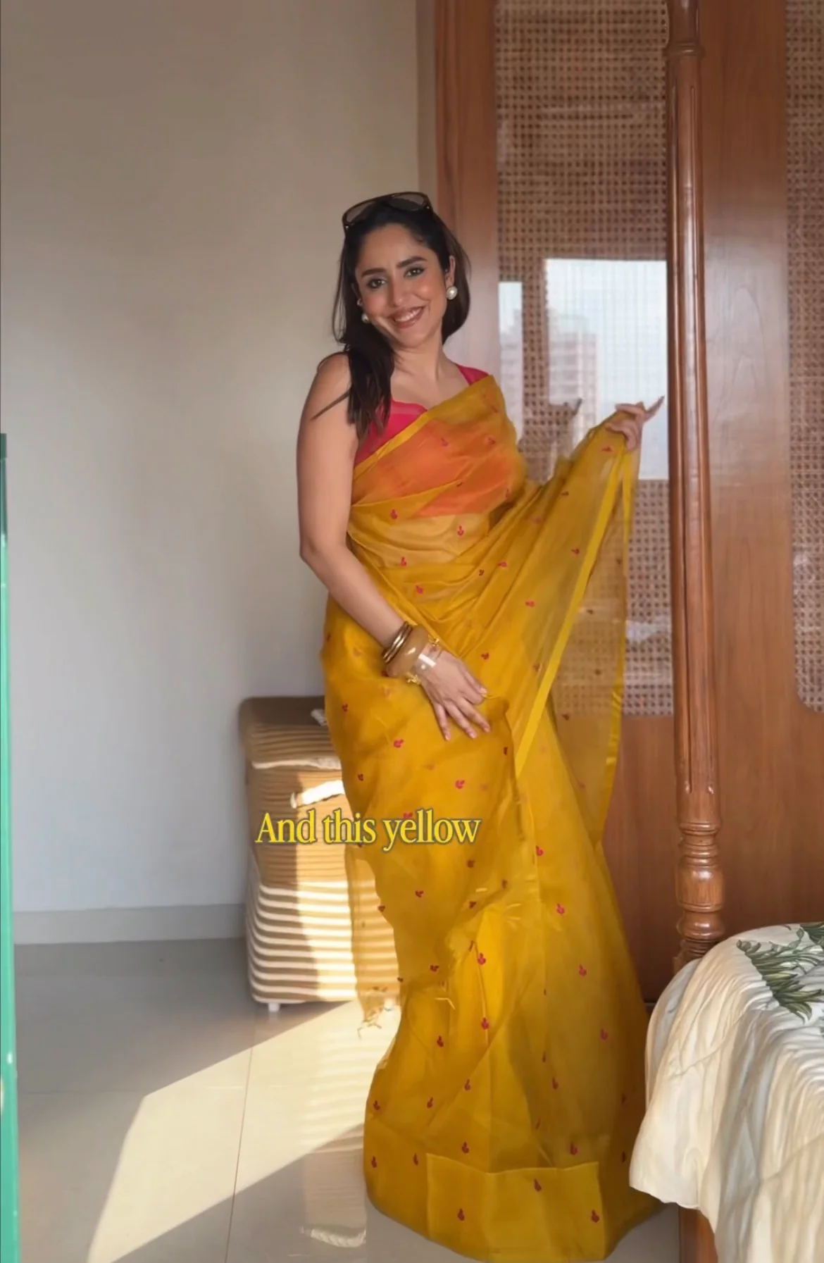 Mustard and pink Chanderi silk saree with resham bootis all over - Image 6