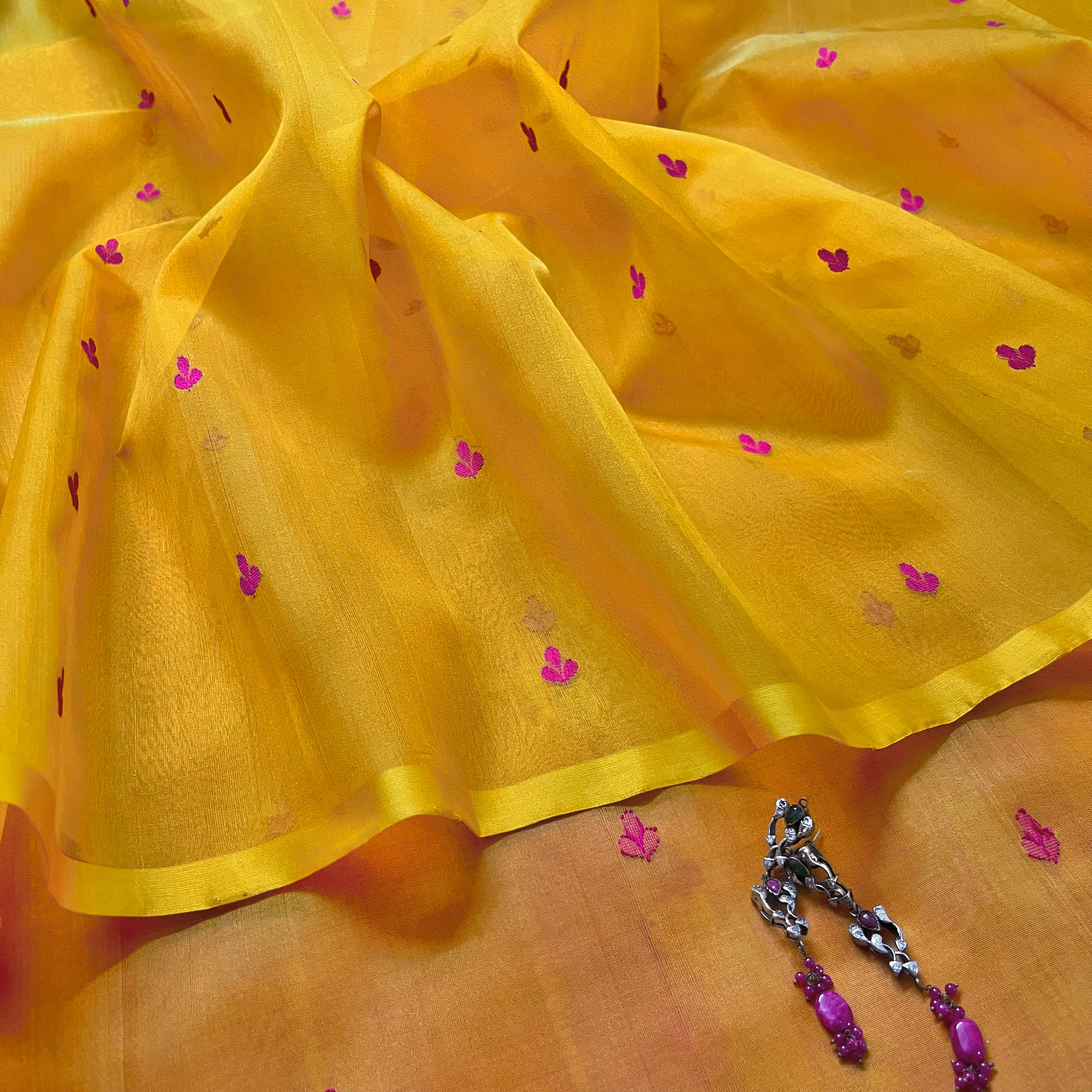 Mustard and pink Chanderi silk saree with resham bootis all over - Image 7
