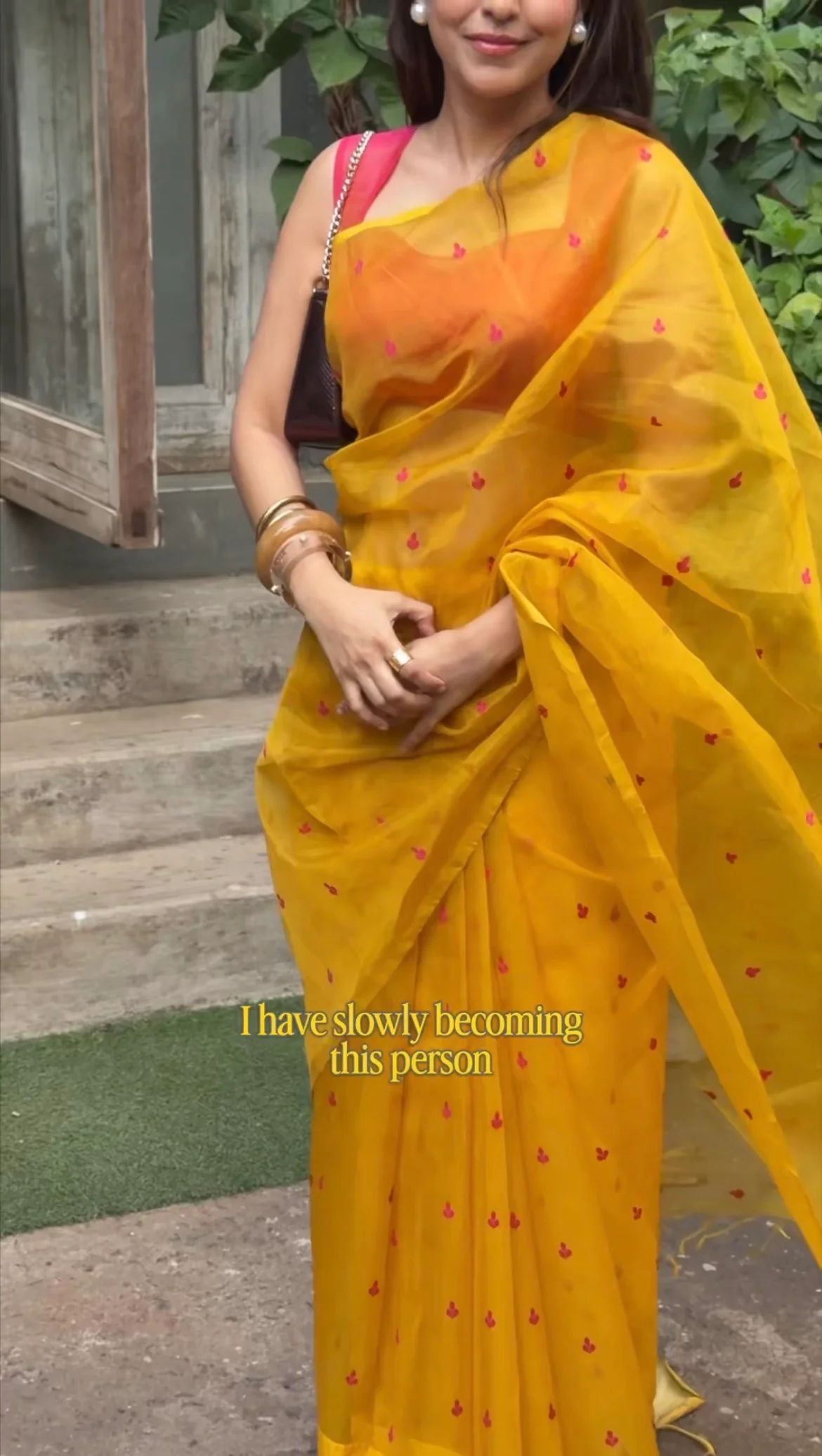 Mustard and pink Chanderi silk saree with resham bootis all over - Image 8