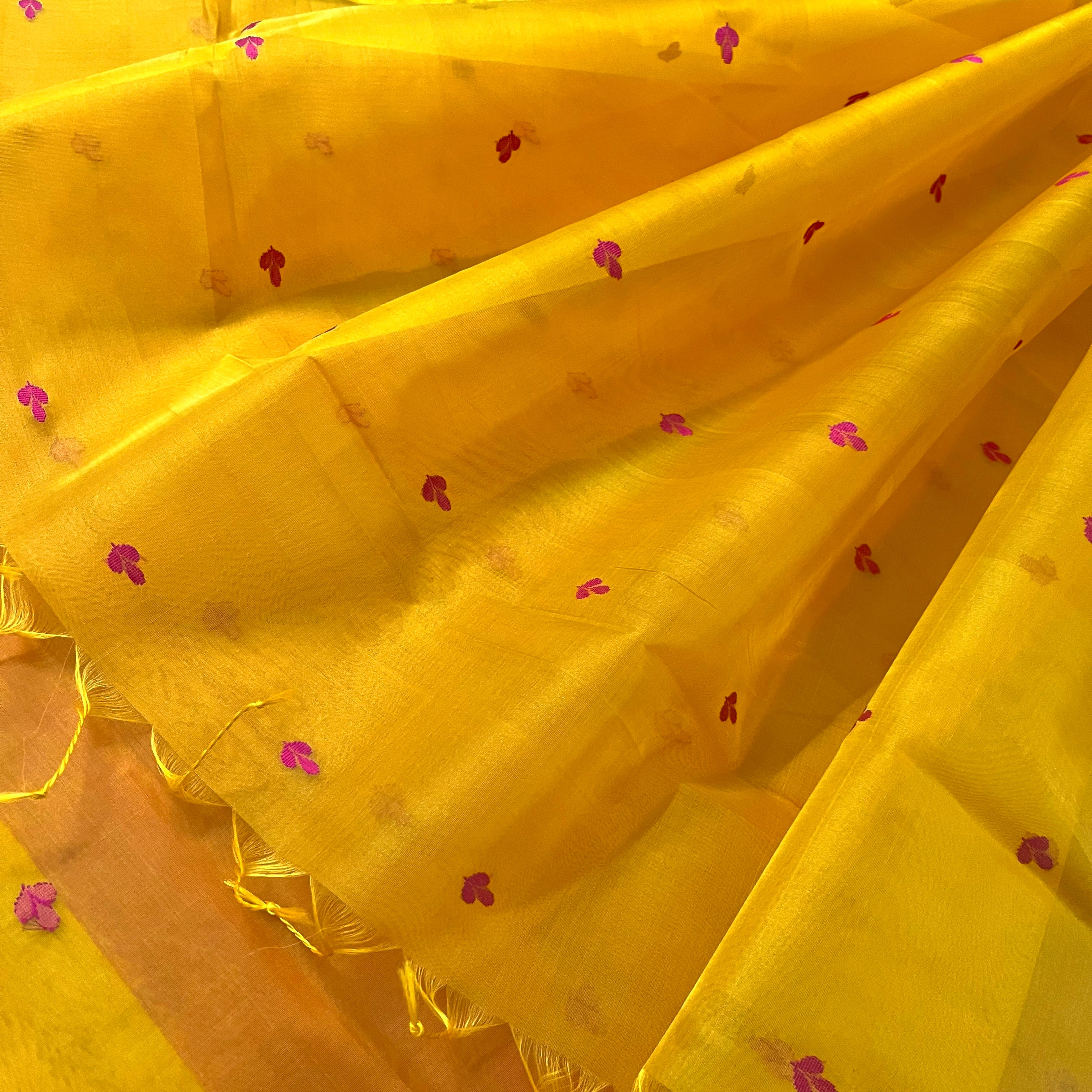 Mustard and pink Chanderi silk saree with resham bootis all over - Image 9