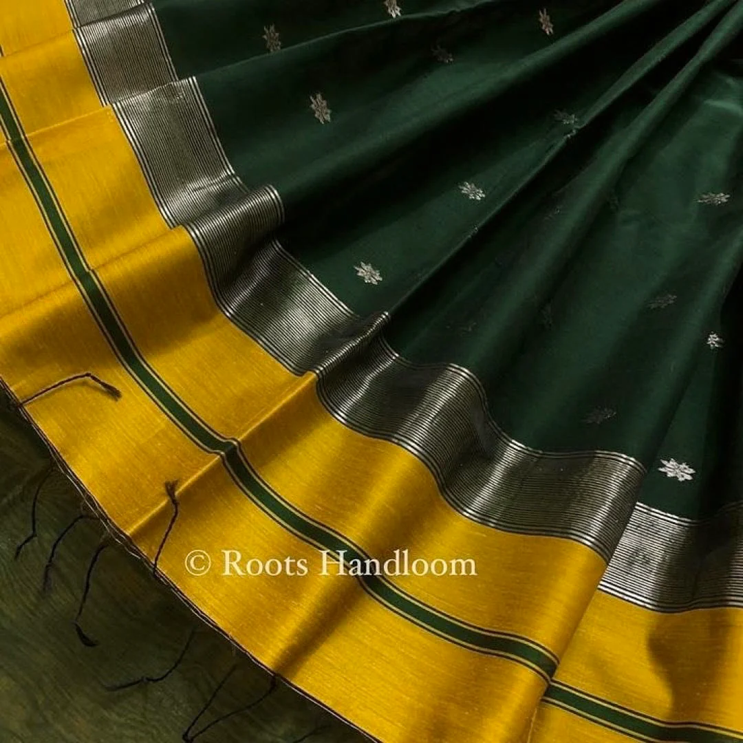 Mustard & green Maheshwari saree with flower bootis all over - Image 4
