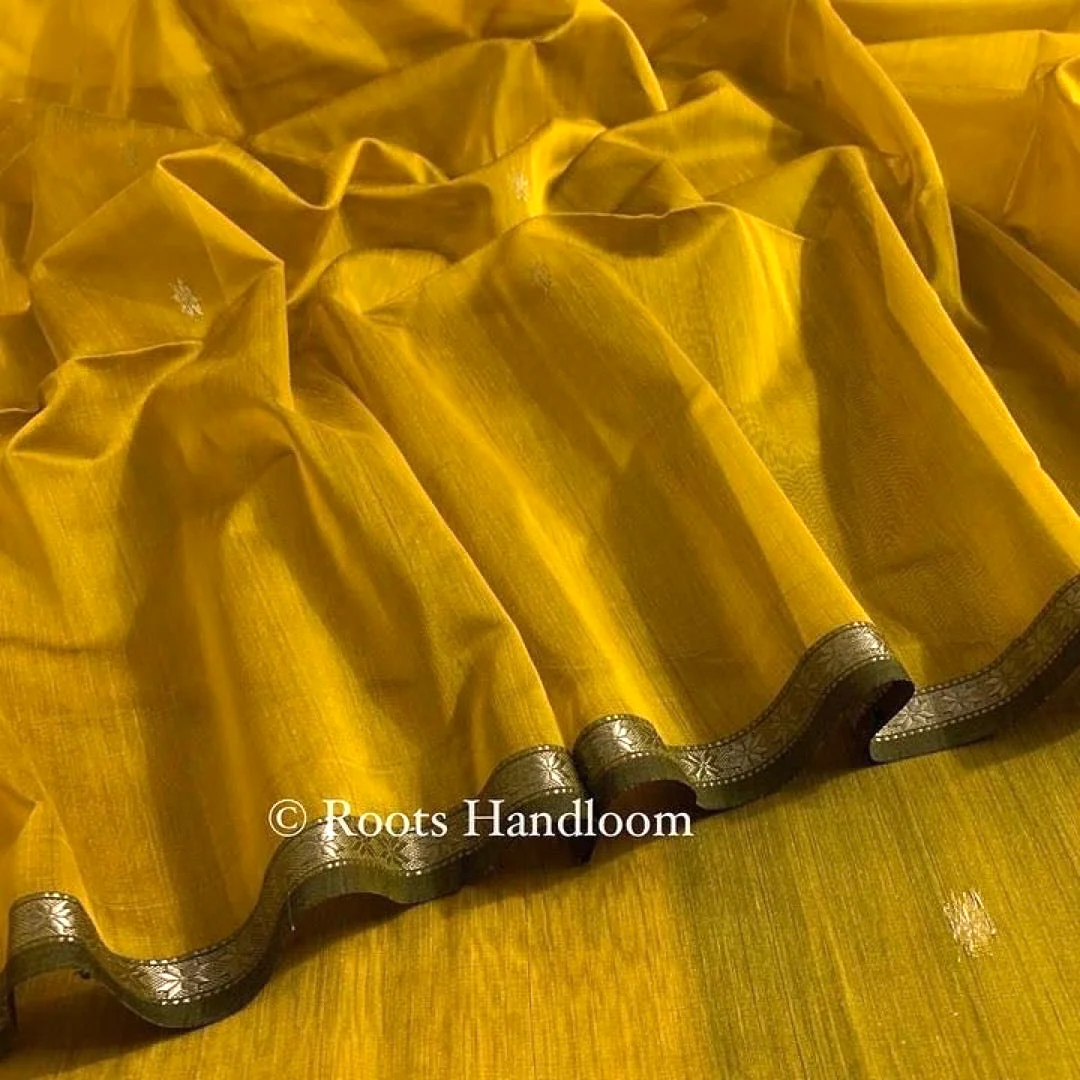Mustard & green Maheshwari saree with flower bootis all over - Image 7