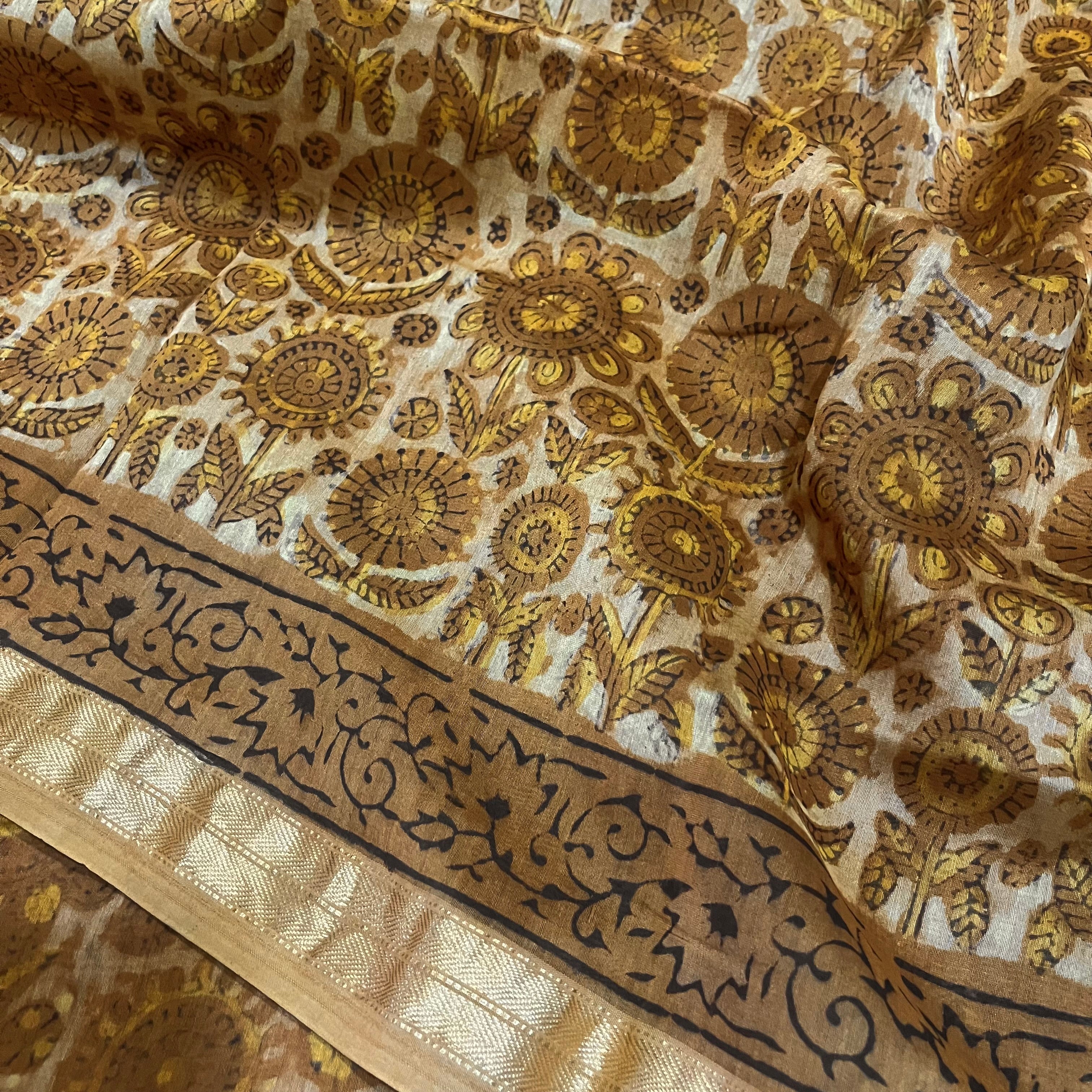 Mustard Maheshwari saree with ajrakh print all over - Image 7