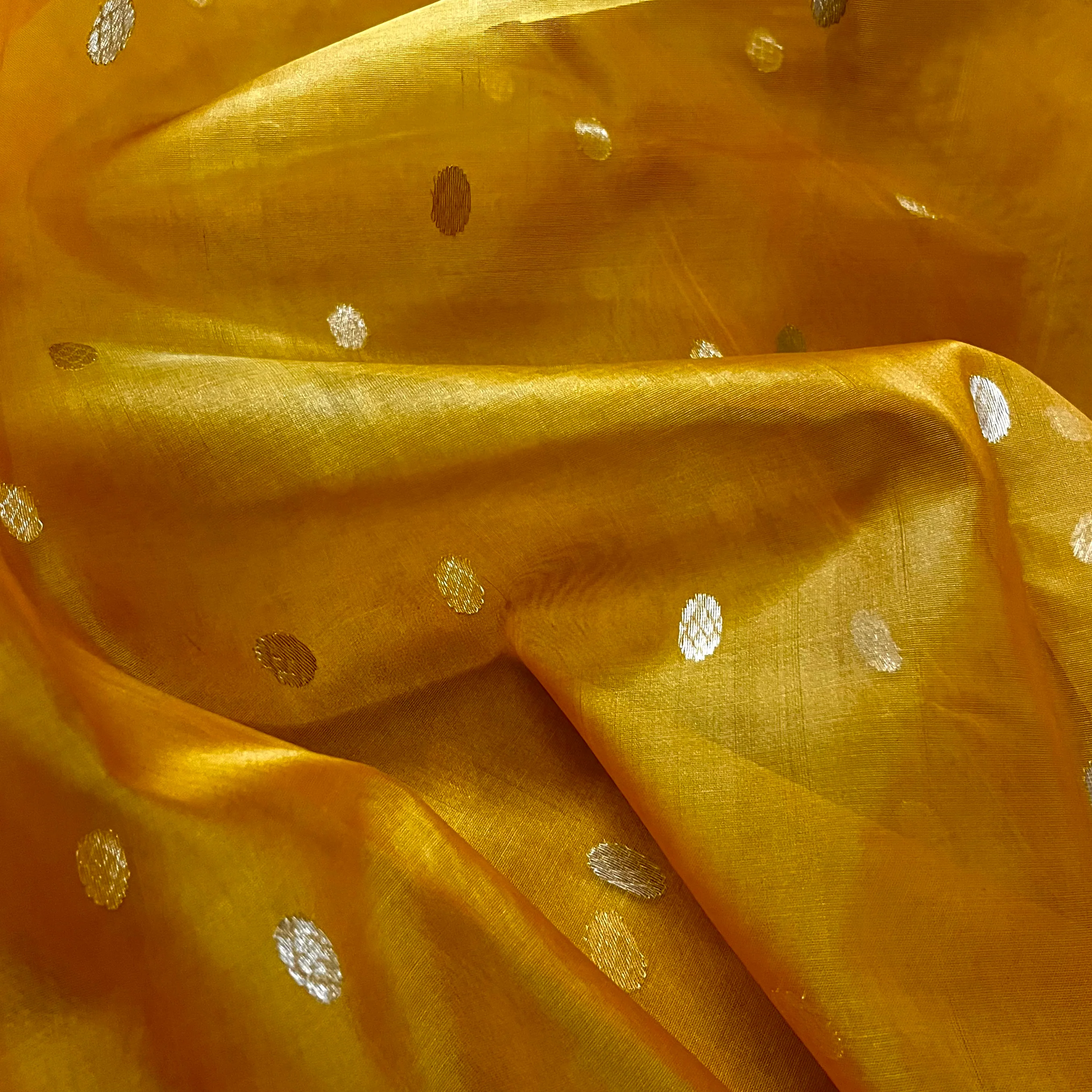 Mustard red Chanderi silk saree with zari bootis all over - Image 11