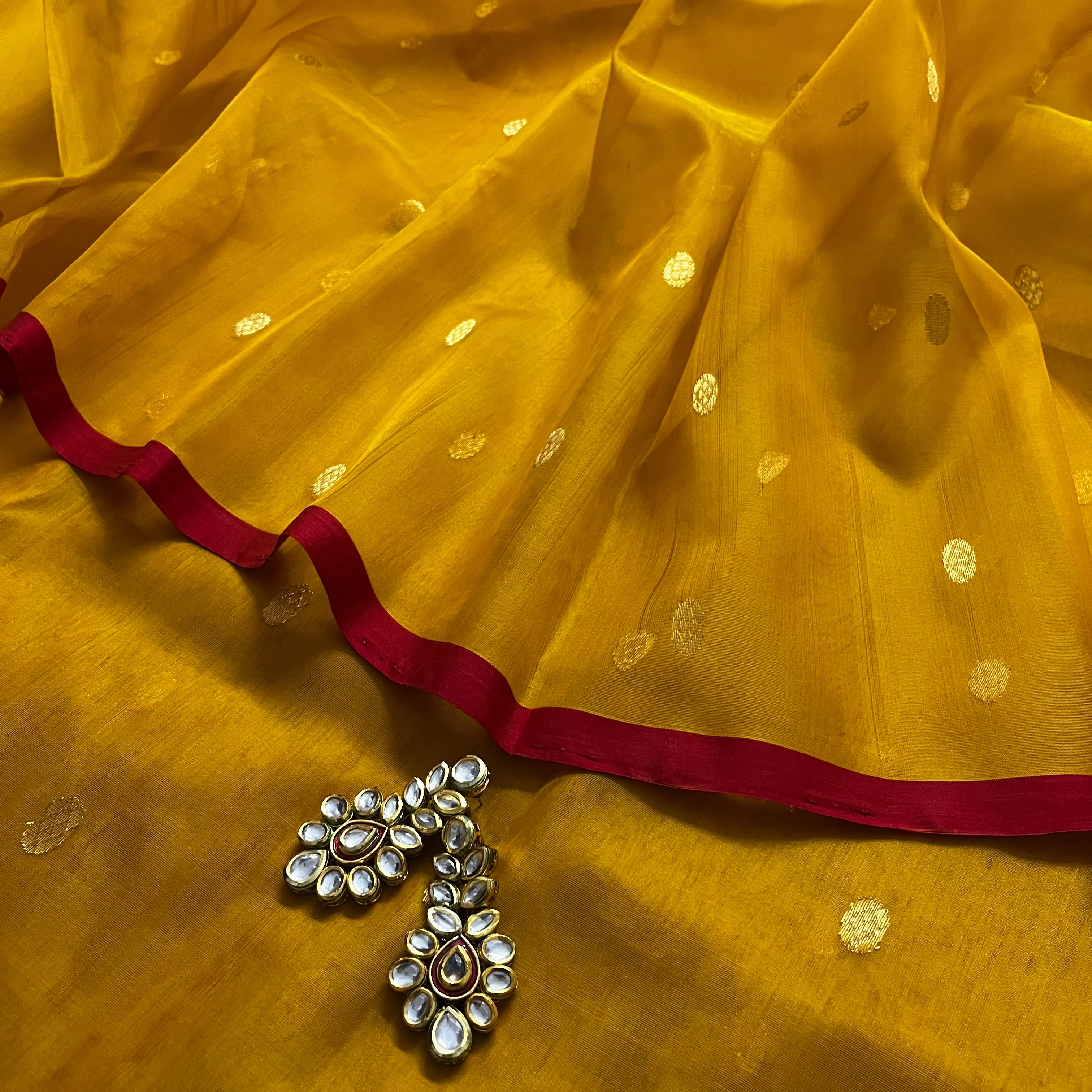 Mustard red Chanderi silk saree with zari bootis all over - Image 12