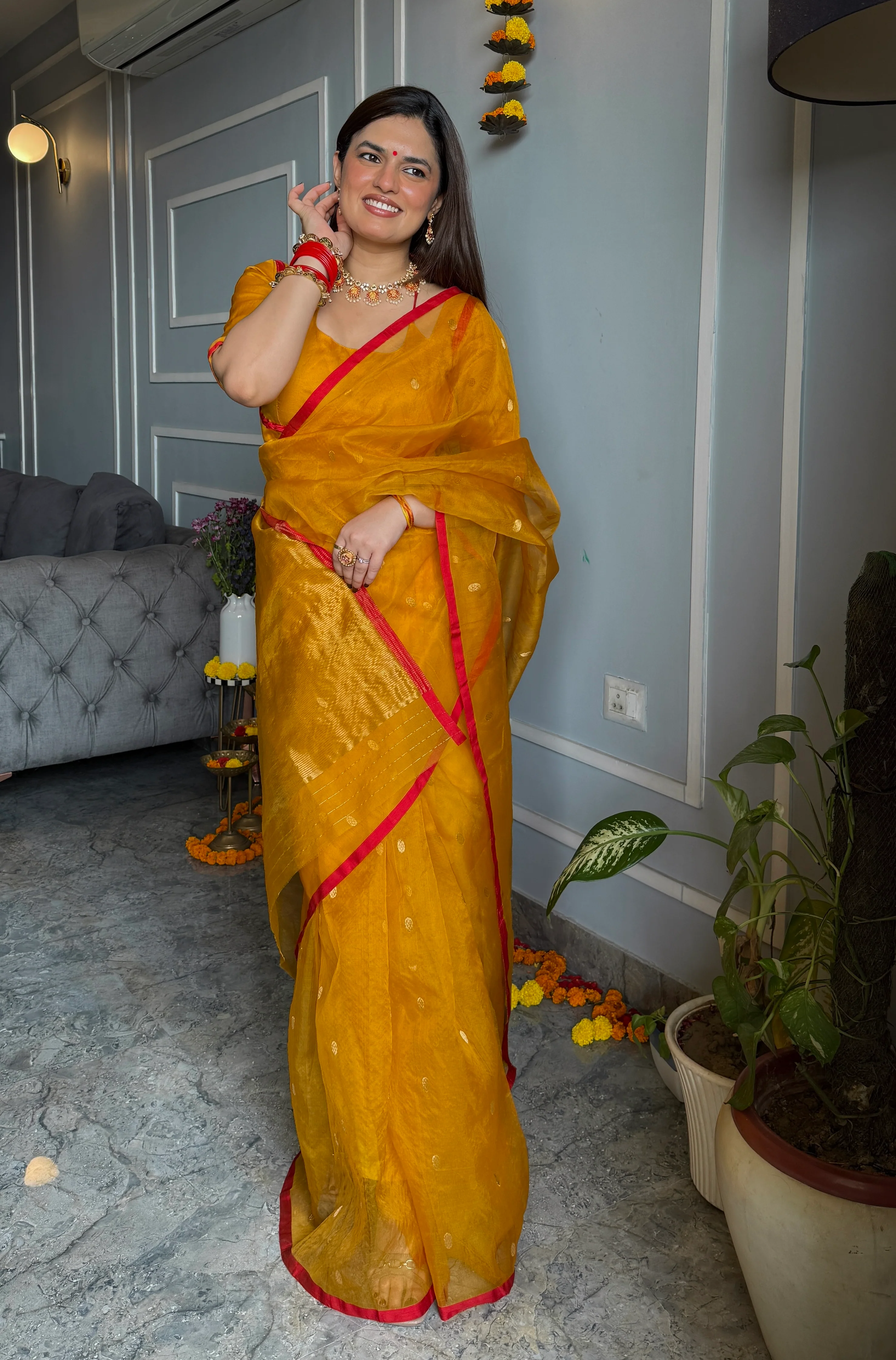 Mustard red Chanderi silk saree with zari bootis all over - Image 17