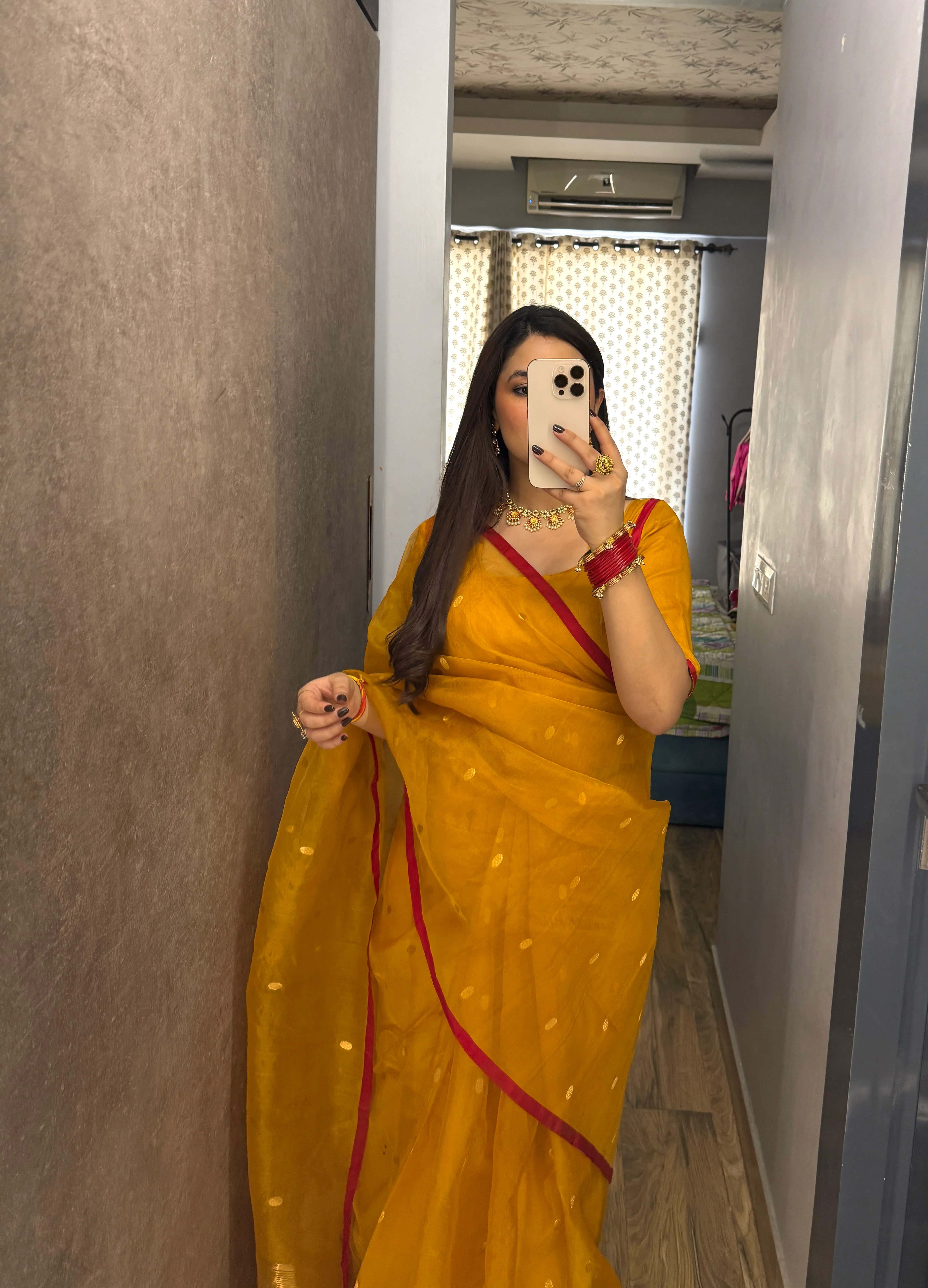 Mustard red Chanderi silk saree with zari bootis all over - Image 2