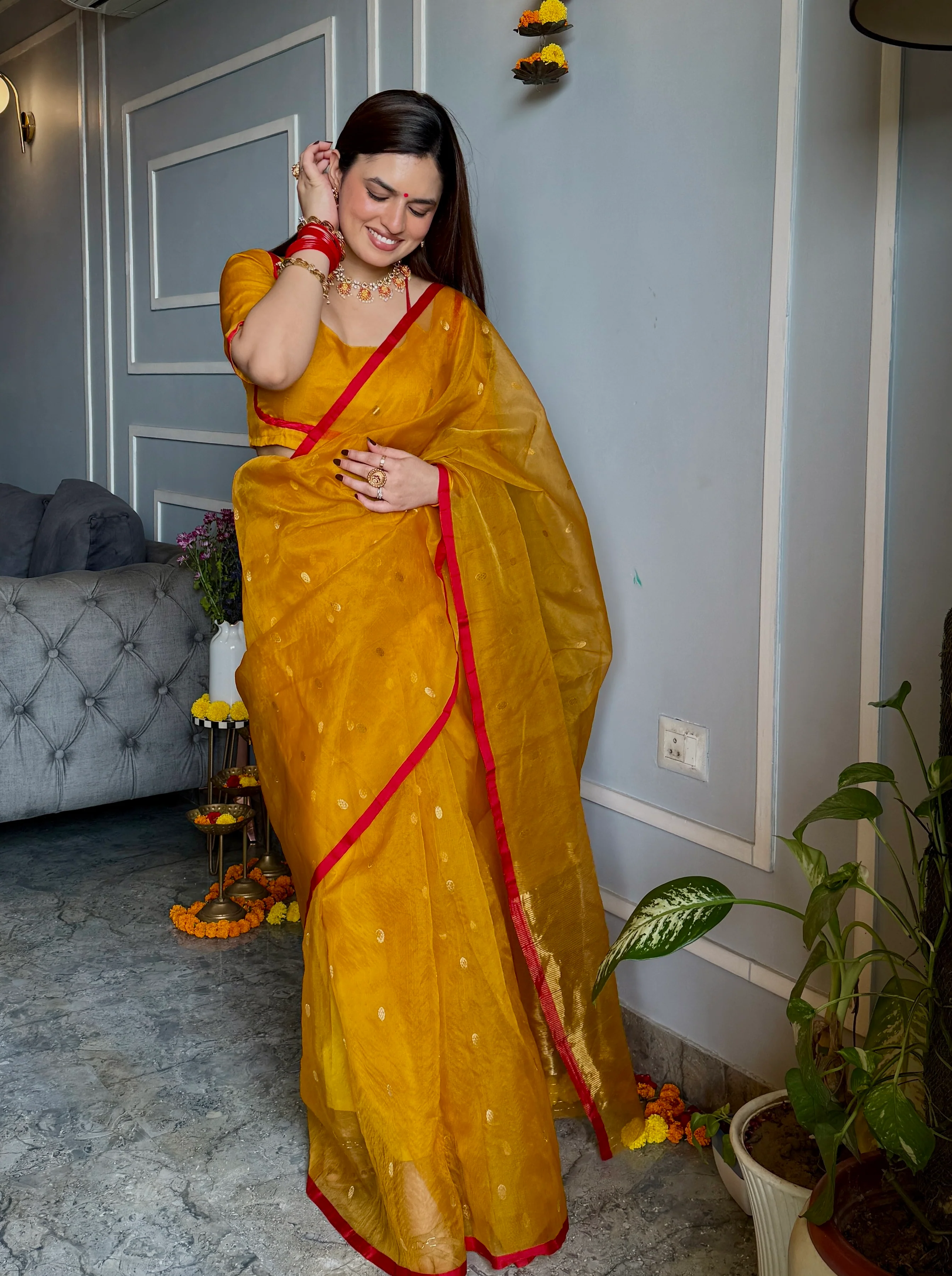 Mustard red Chanderi silk saree with zari bootis all over - Image 7