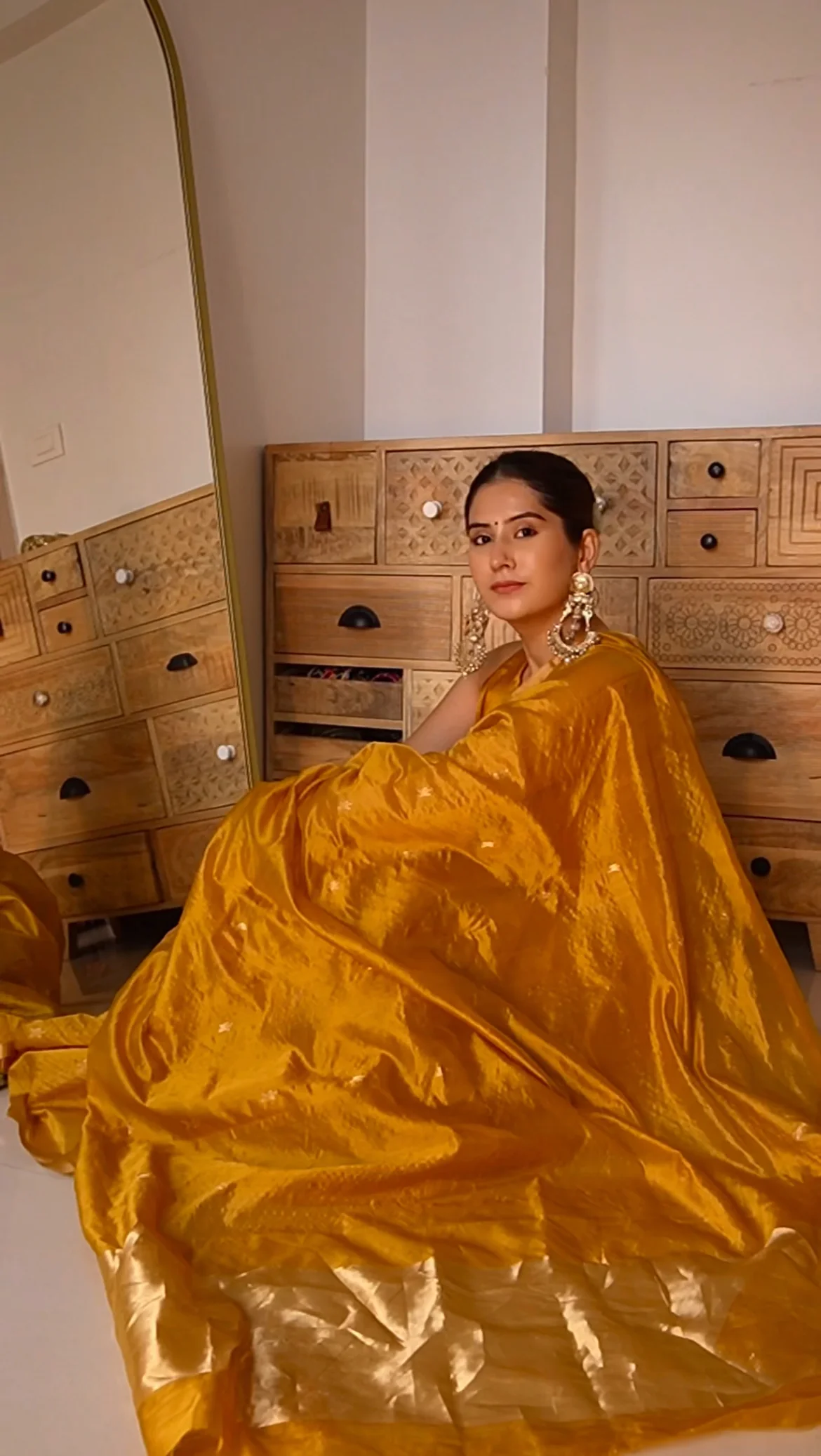 Mustard gold chanderi silk saree with flower bootis all over - Image 12