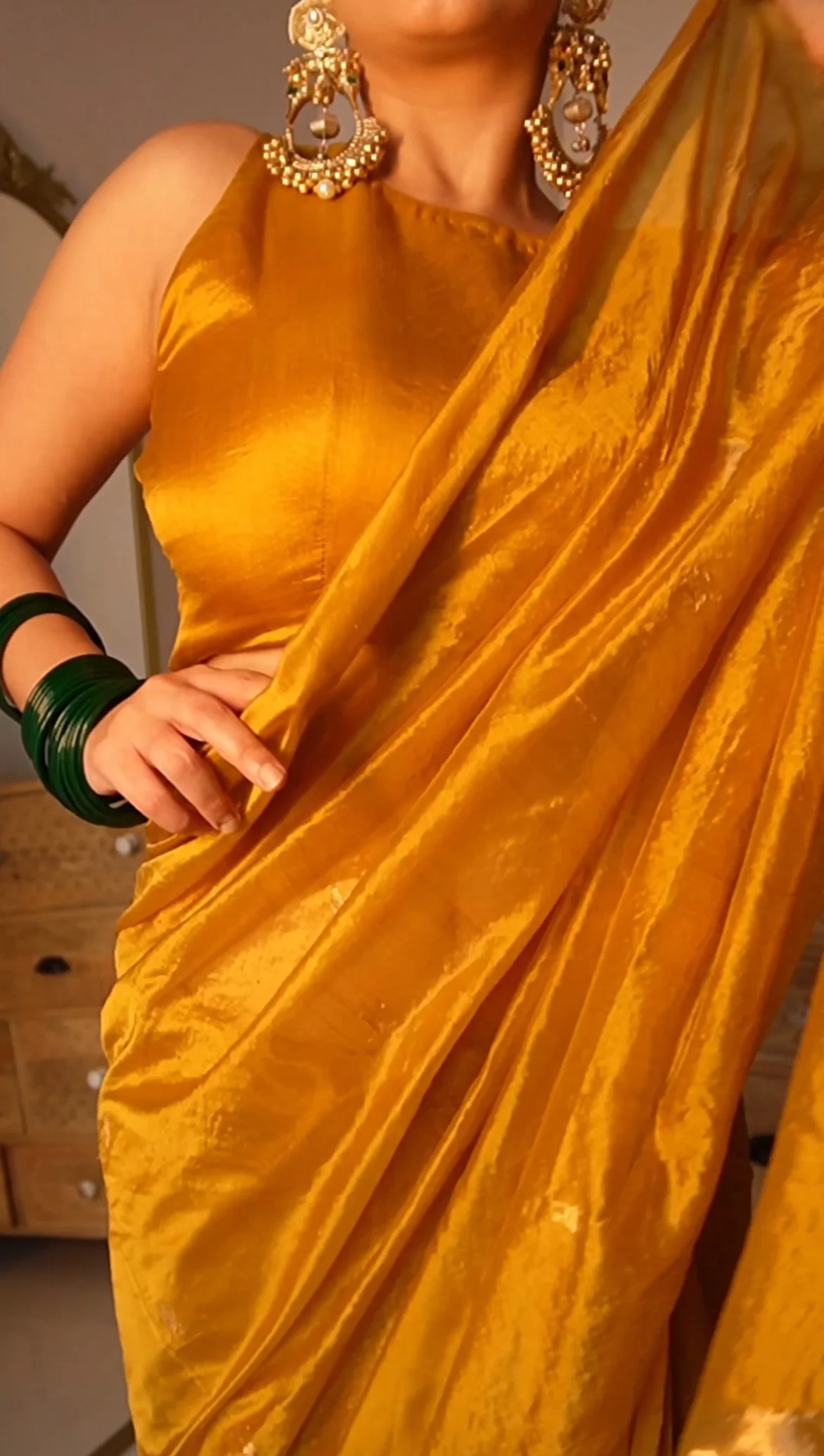 Mustard gold chanderi silk saree with flower bootis all over - Image 2