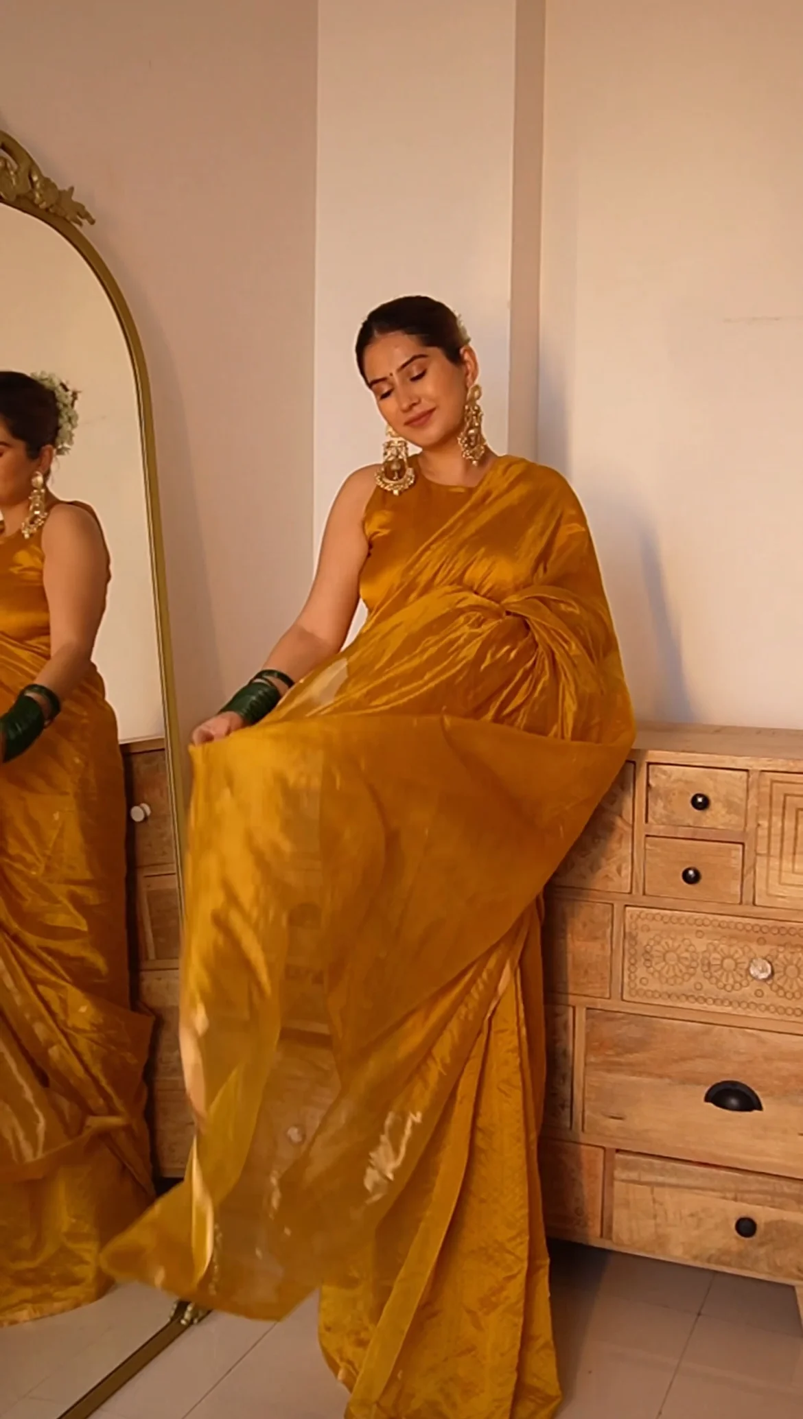 Mustard gold chanderi silk saree with flower bootis all over - Image 5