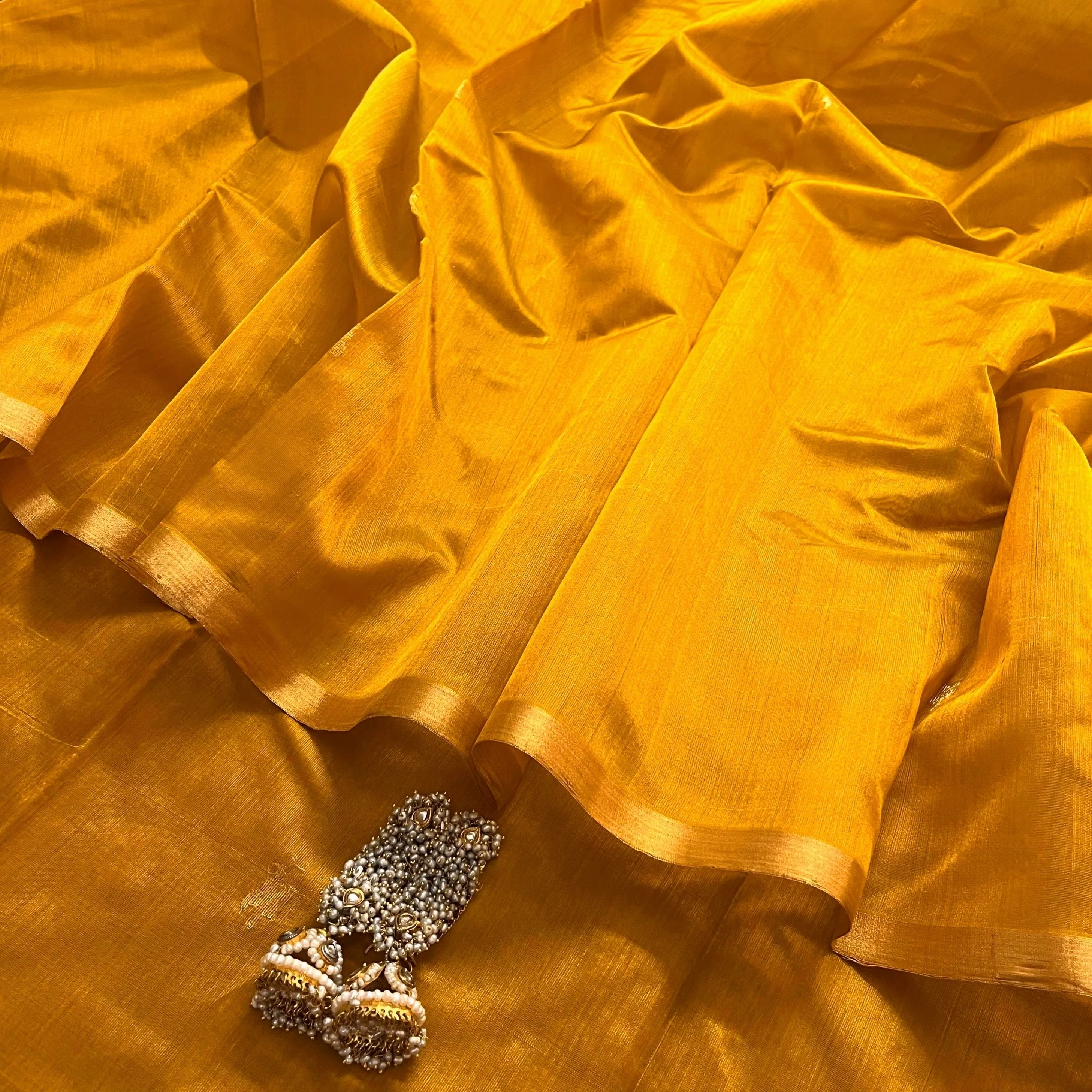 Mustard gold chanderi silk saree with flower bootis all over - Image 6