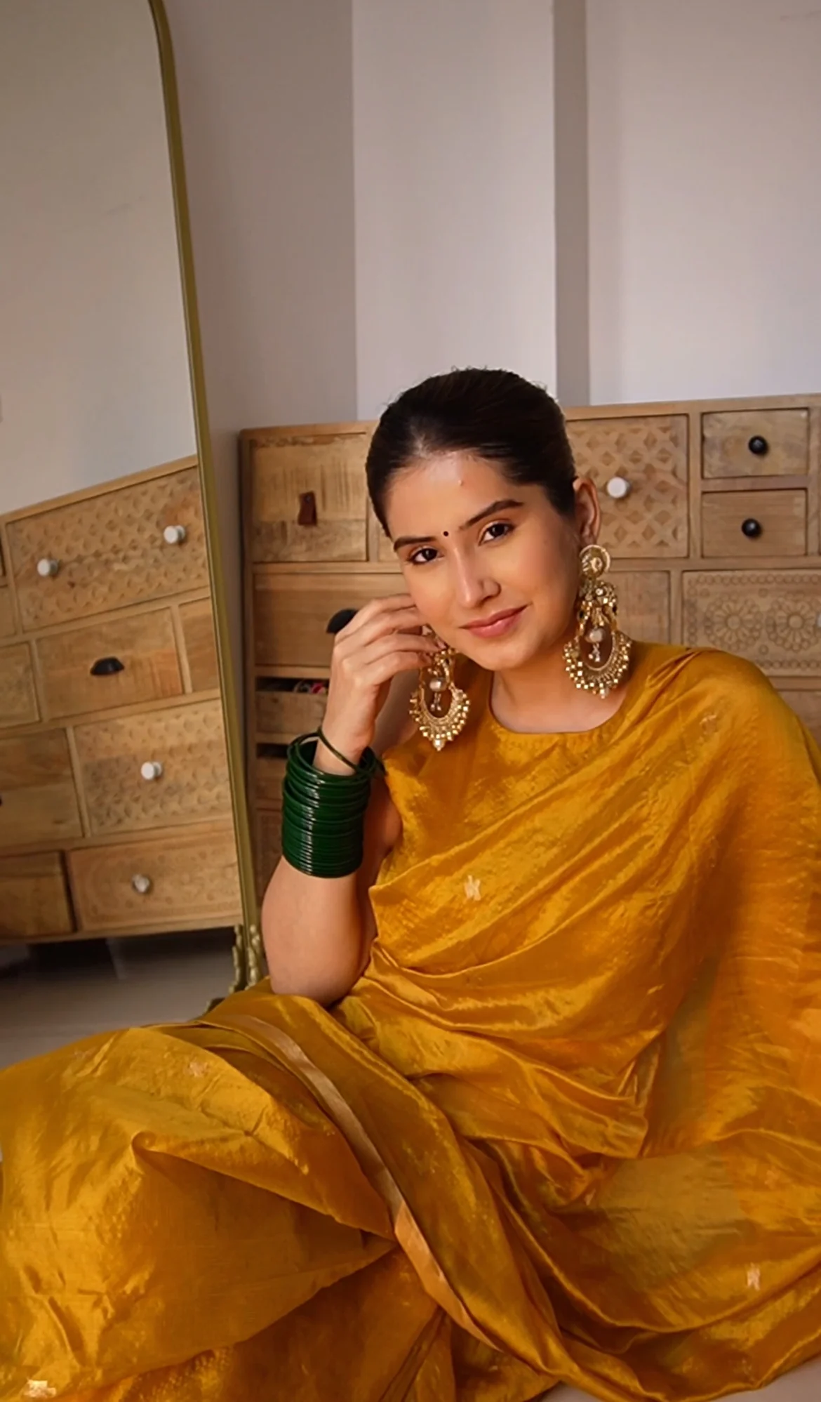 Mustard gold chanderi silk saree with flower bootis all over - Image 8