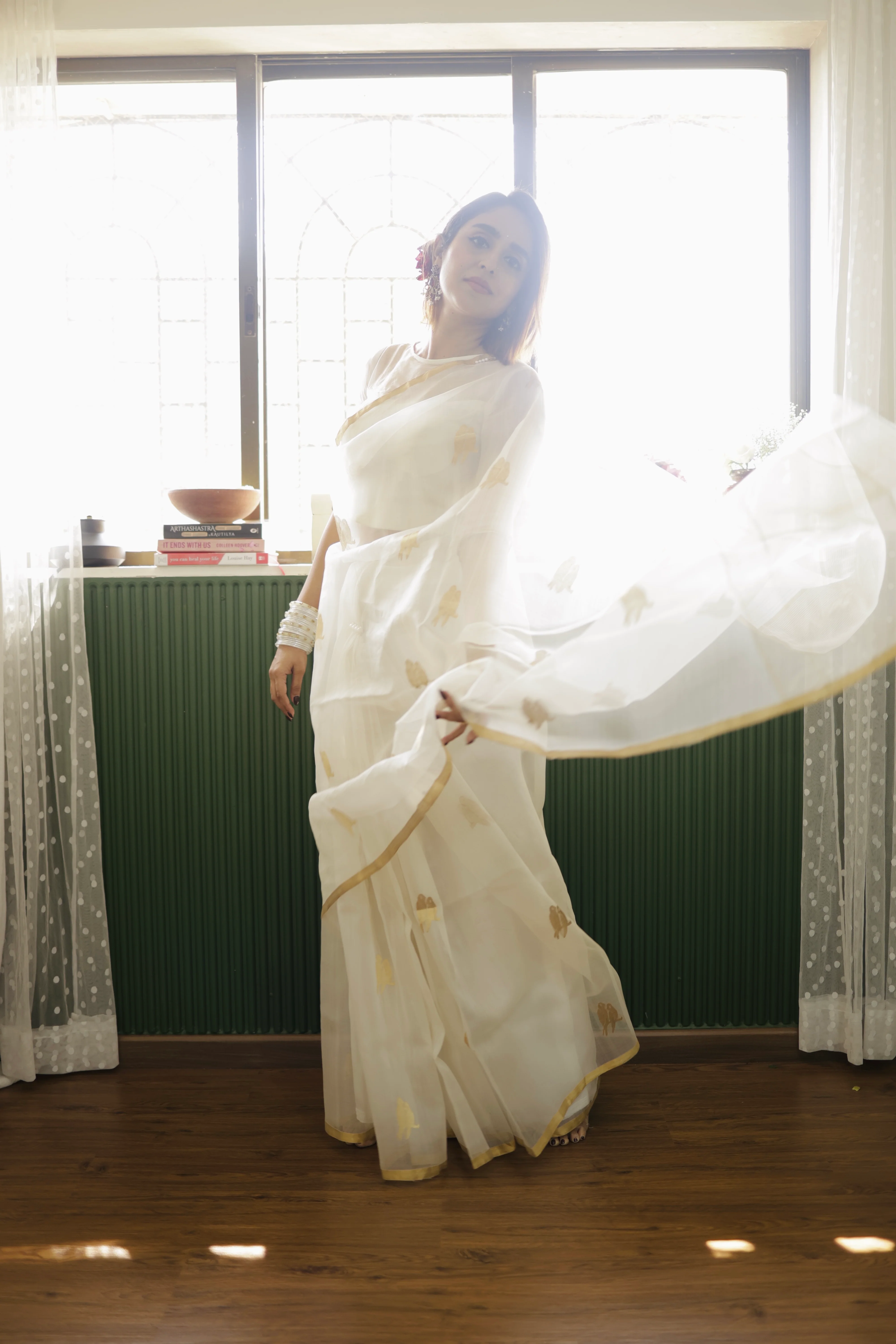 Off white and gold chanderi organza silk saree with bird motifs all over - Image 10