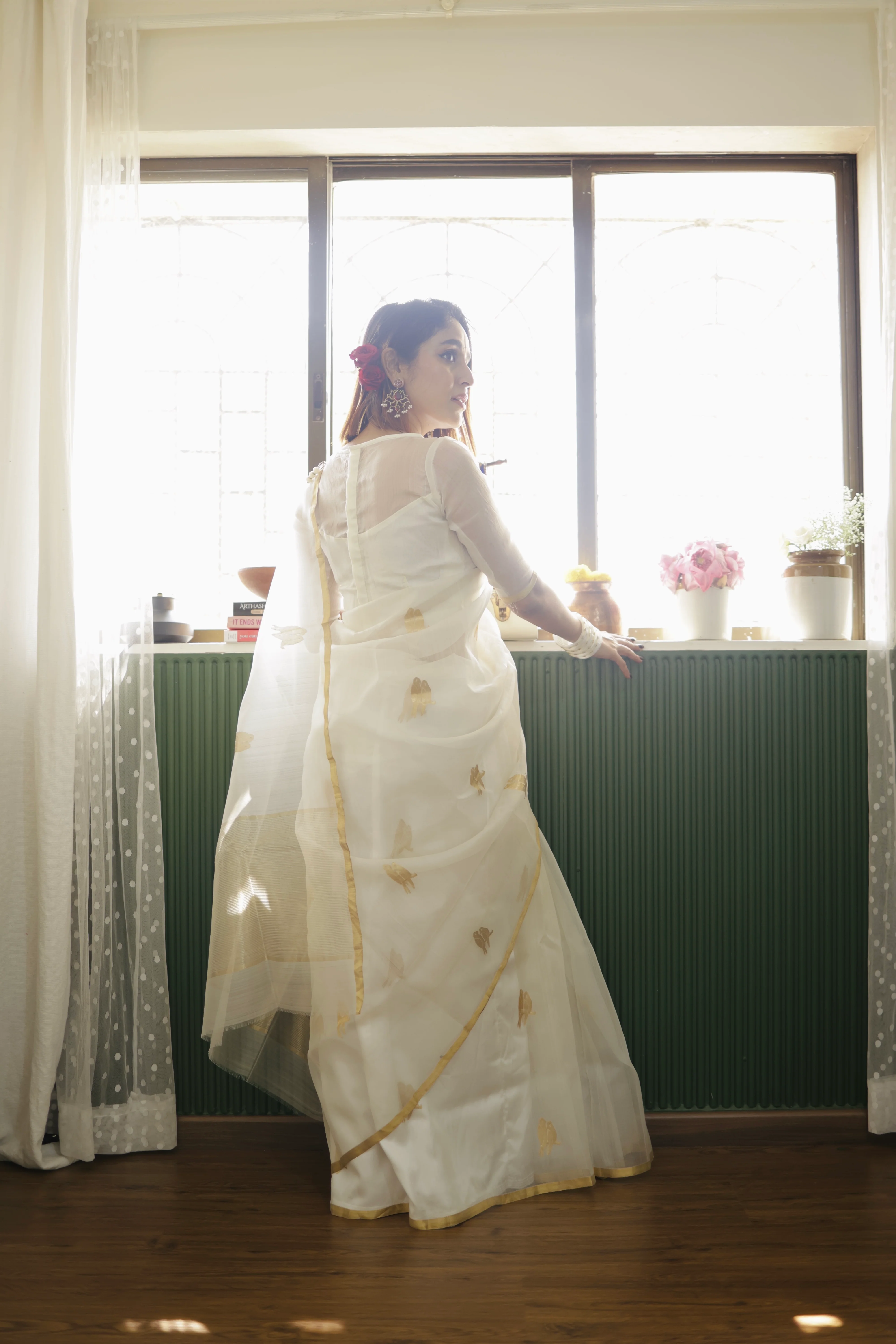 Off white and gold chanderi organza silk saree with bird motifs all over - Image 12