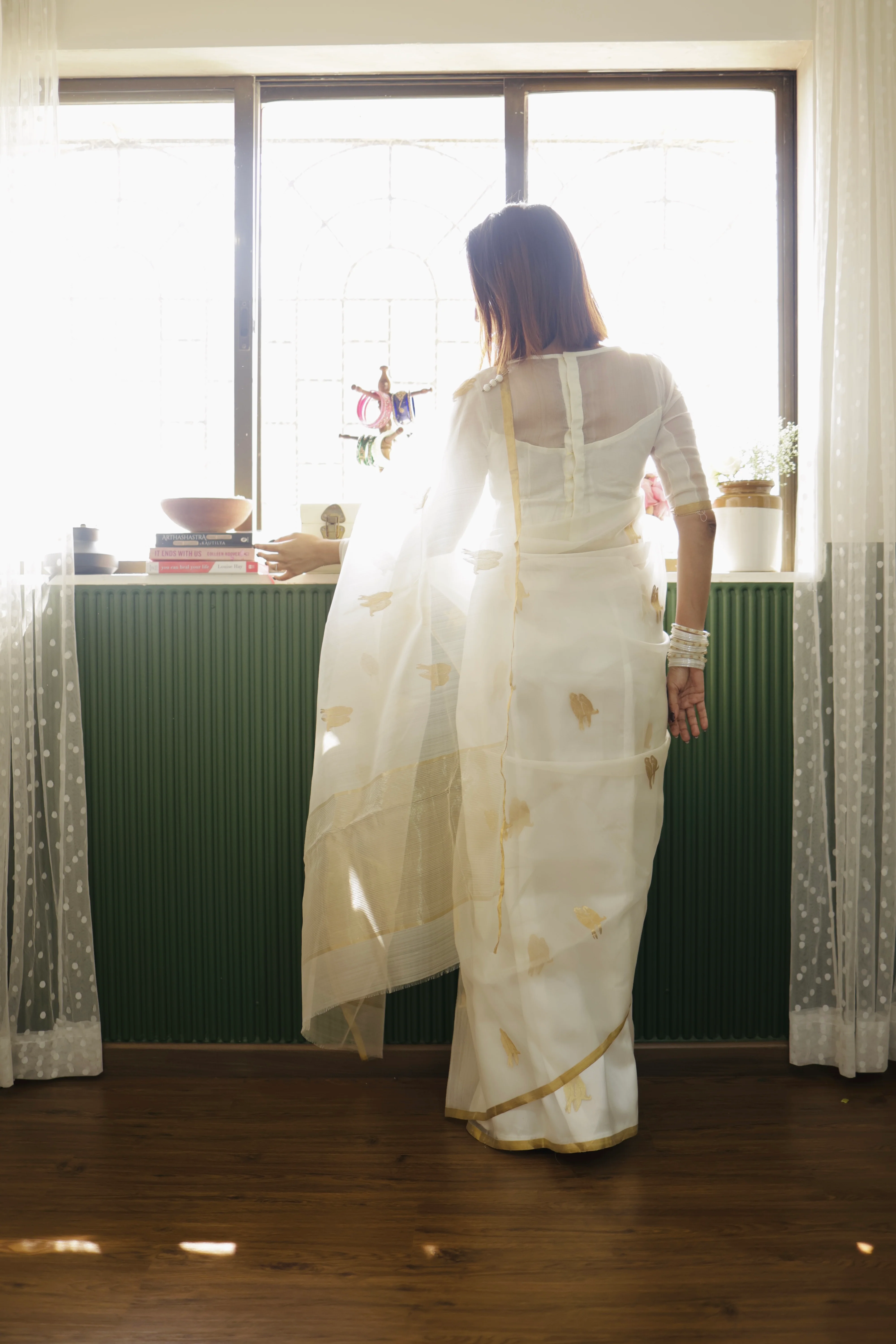 Off white and gold chanderi organza silk saree with bird motifs all over - Image 3