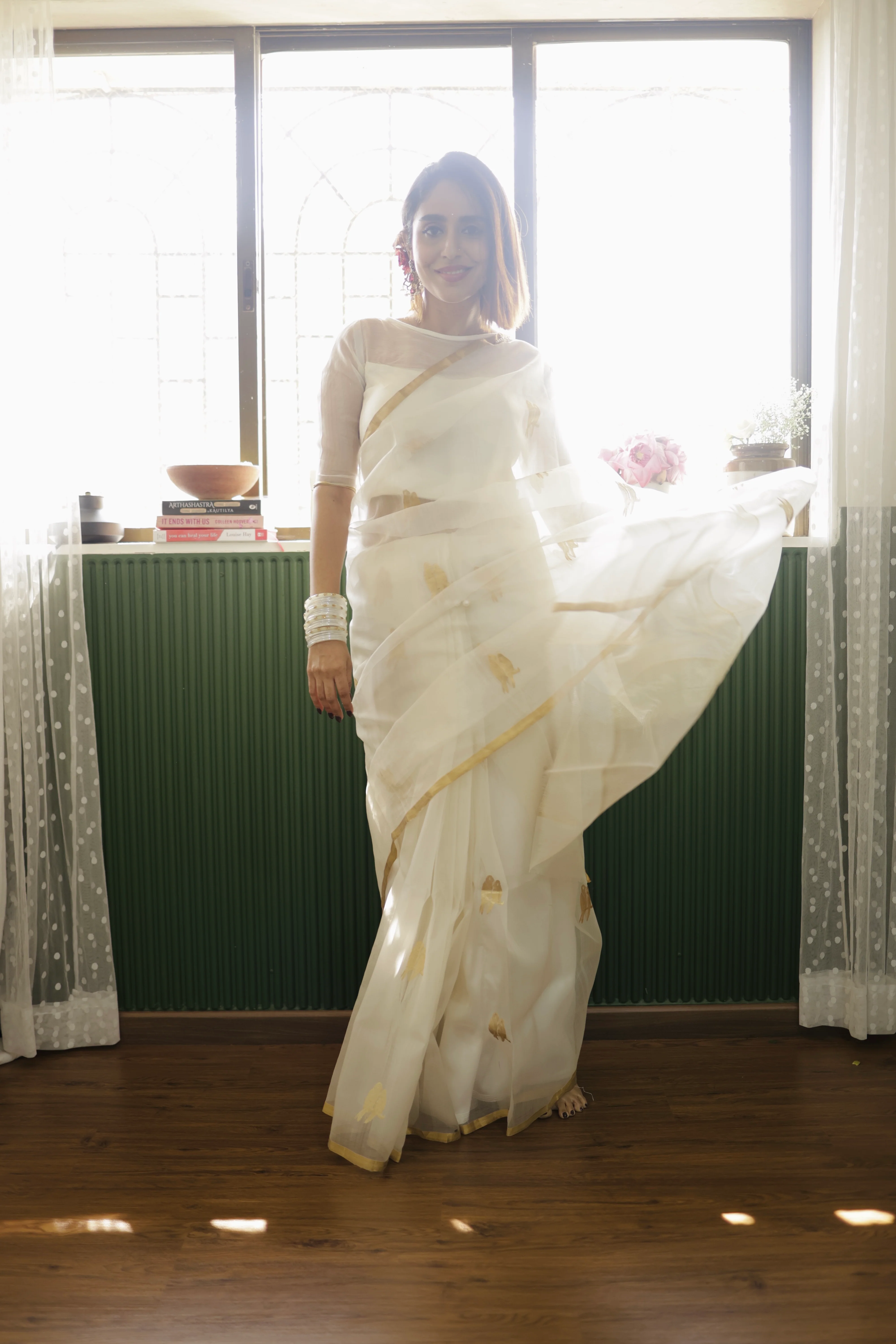 Off white and gold chanderi organza silk saree with bird motifs all over - Image 6