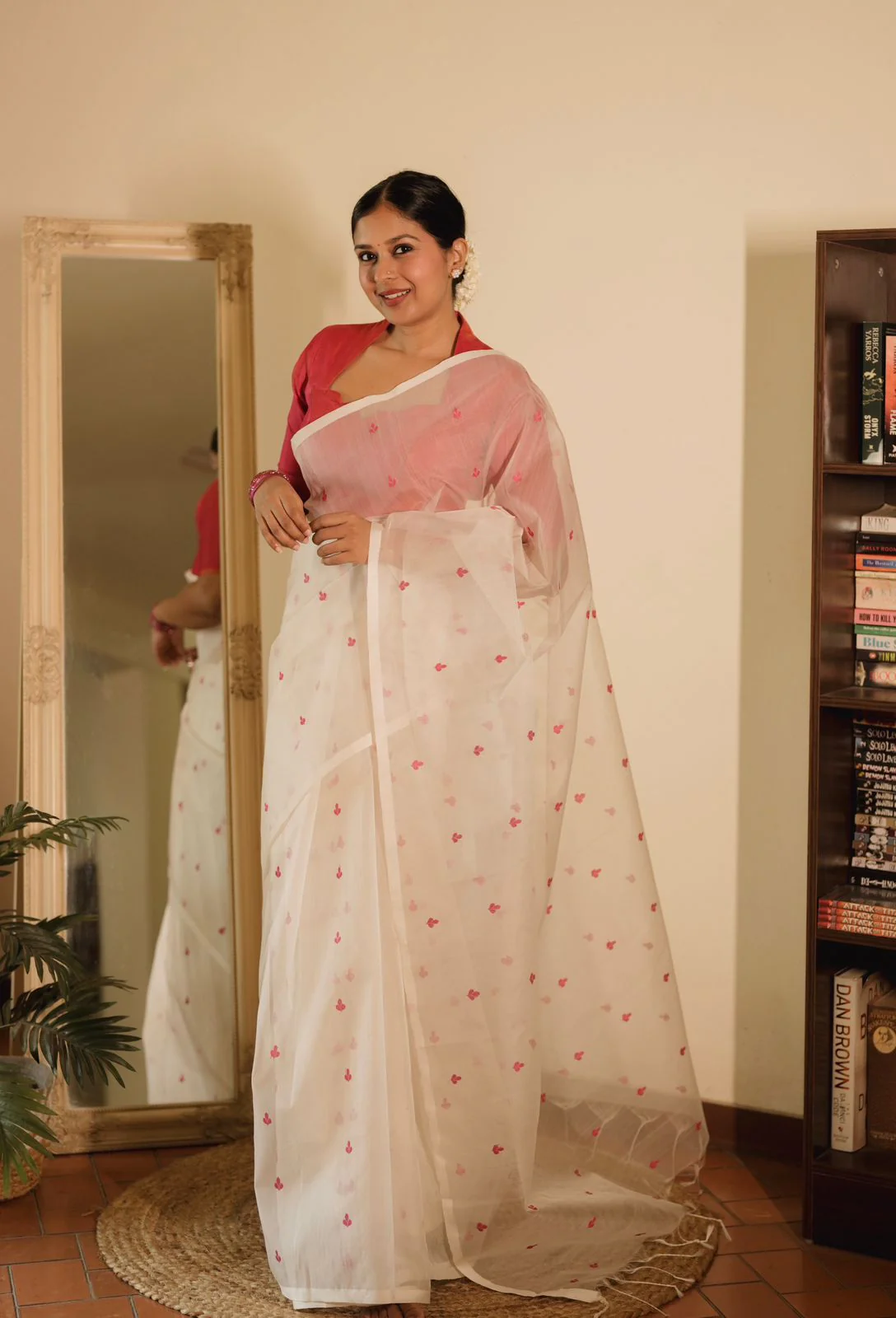 Off white and pink Chanderi silk saree with resham bootis all over - Image 11