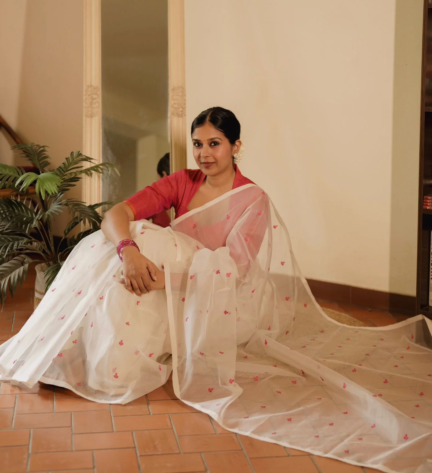 Off white and pink Chanderi silk saree with resham bootis all over - Image 8