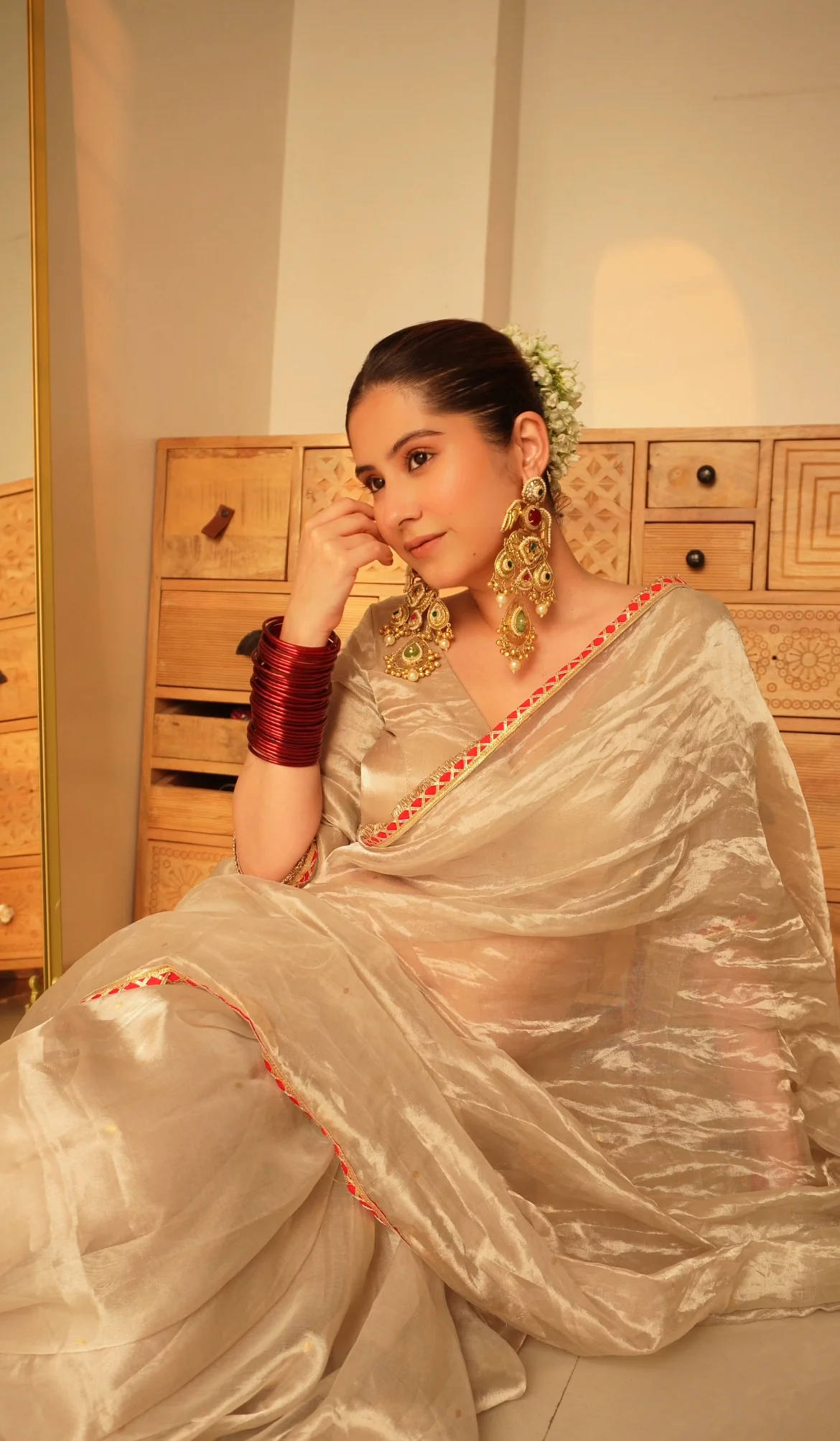 Chantilly cream and red Chanderi tissue silk saree with zari bootis all over - Image 10