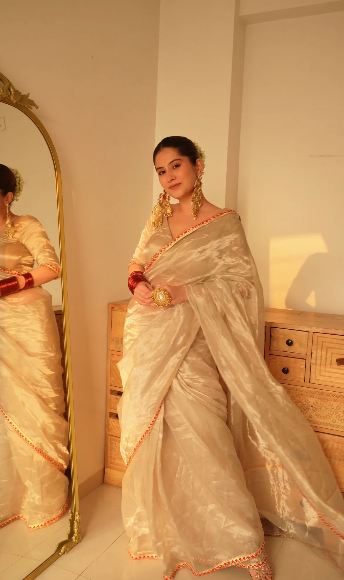 Chantilly cream and red Chanderi tissue silk saree with zari bootis all over - Image 12