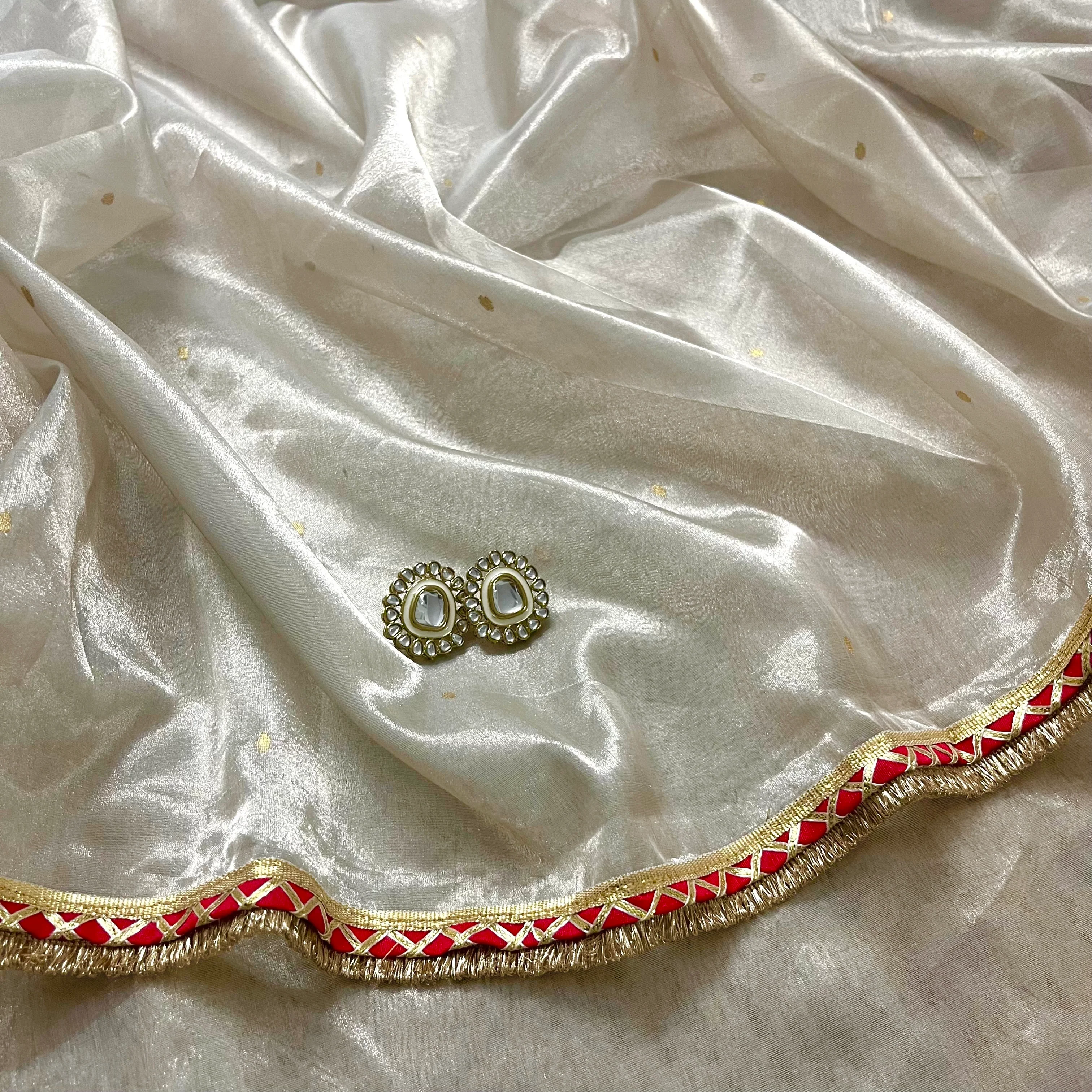 Chantilly cream and red Chanderi tissue silk saree with zari bootis all over - Image 13