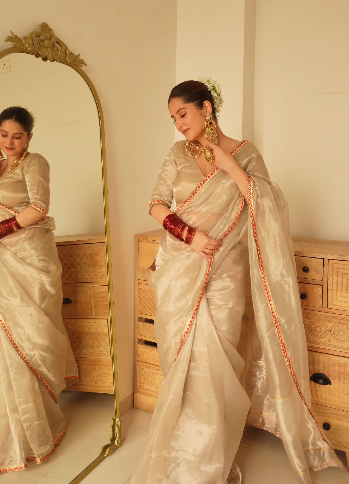 Chantilly cream and red Chanderi tissue silk saree with zari bootis all over - Image 16