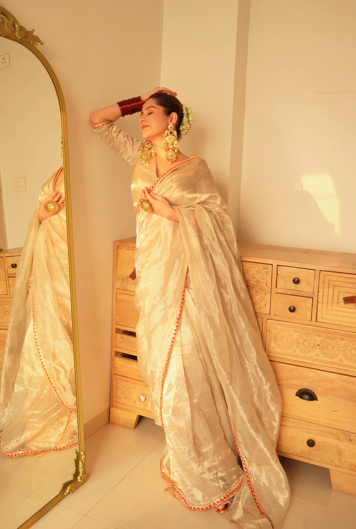 Chantilly cream and red Chanderi tissue silk saree with zari bootis all over - Image 6