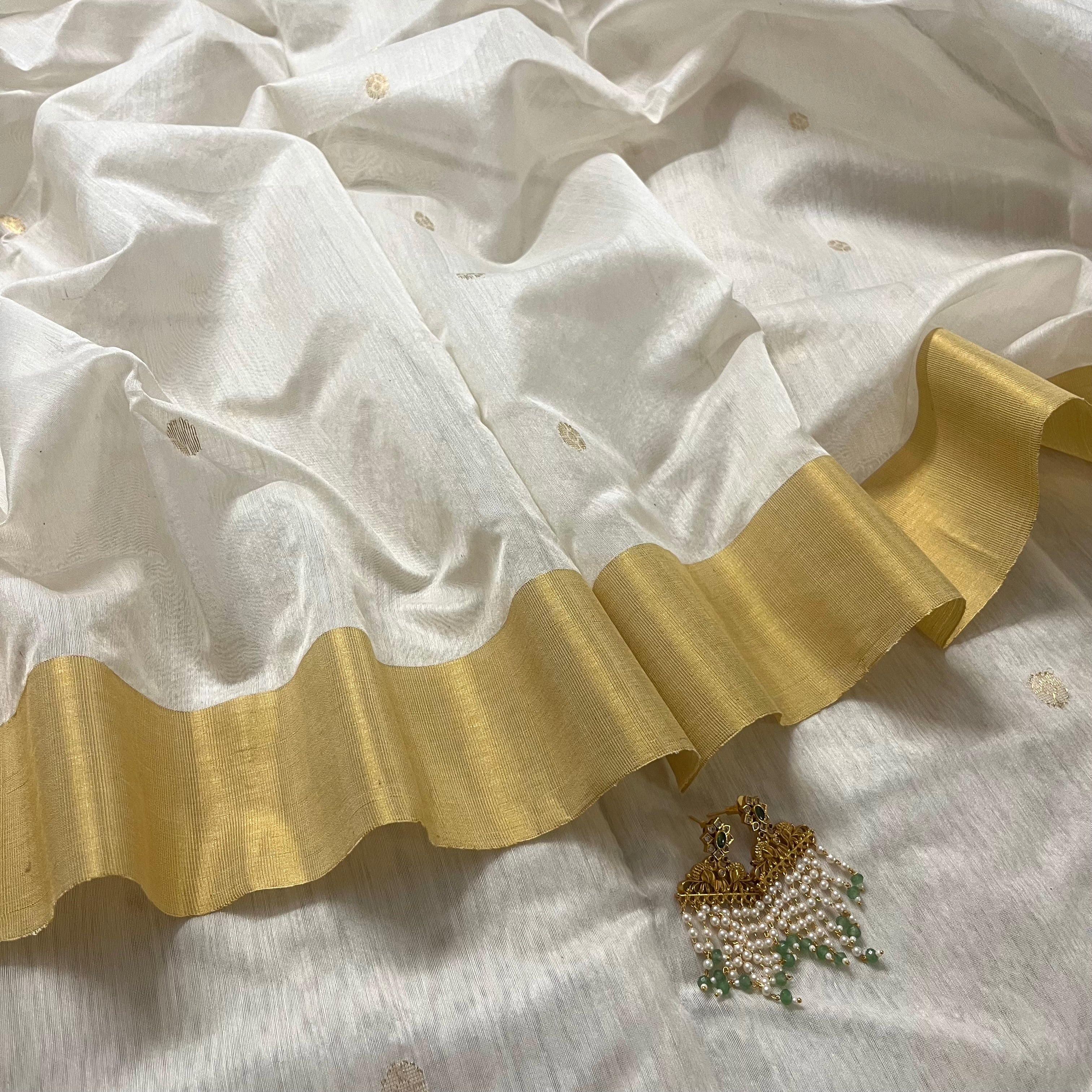 Off white Chanderi saree with zari bootis all over and zari motifs on pallu - Image 6