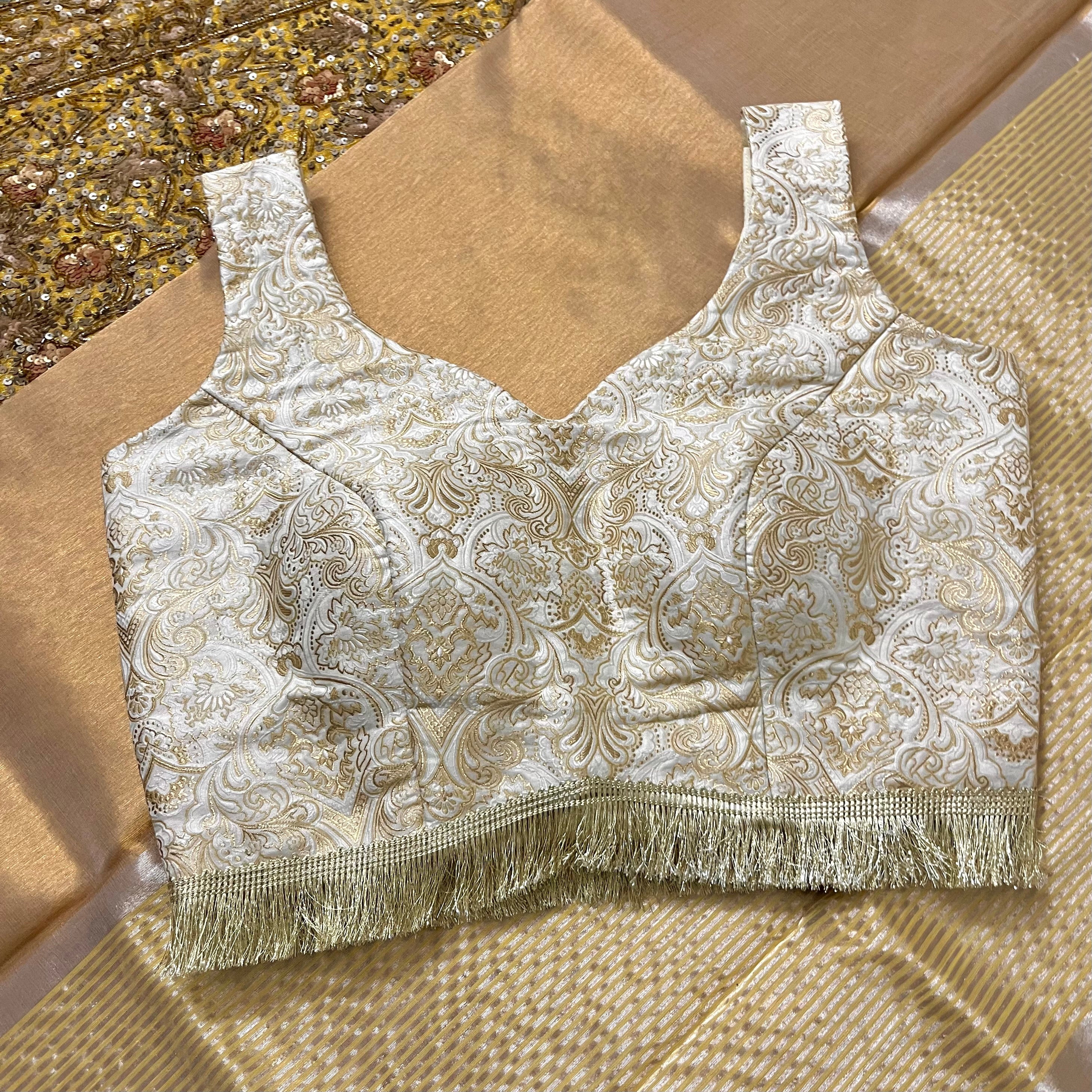 Off white gold brocade silk pre stitched blouse - Image 6