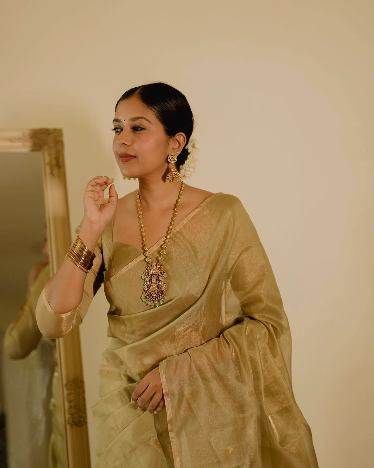 Olive gold Maheshwari tissue silk saree with zari bootis all over - Image 5