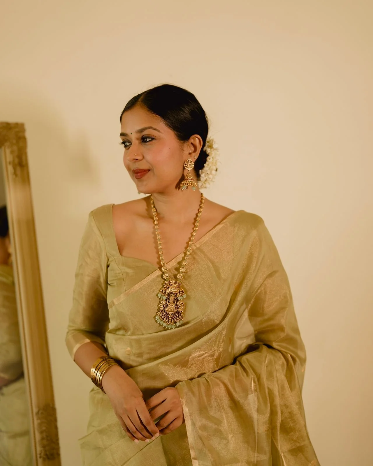 Olive gold Maheshwari tissue silk saree with zari bootis all over - Image 8