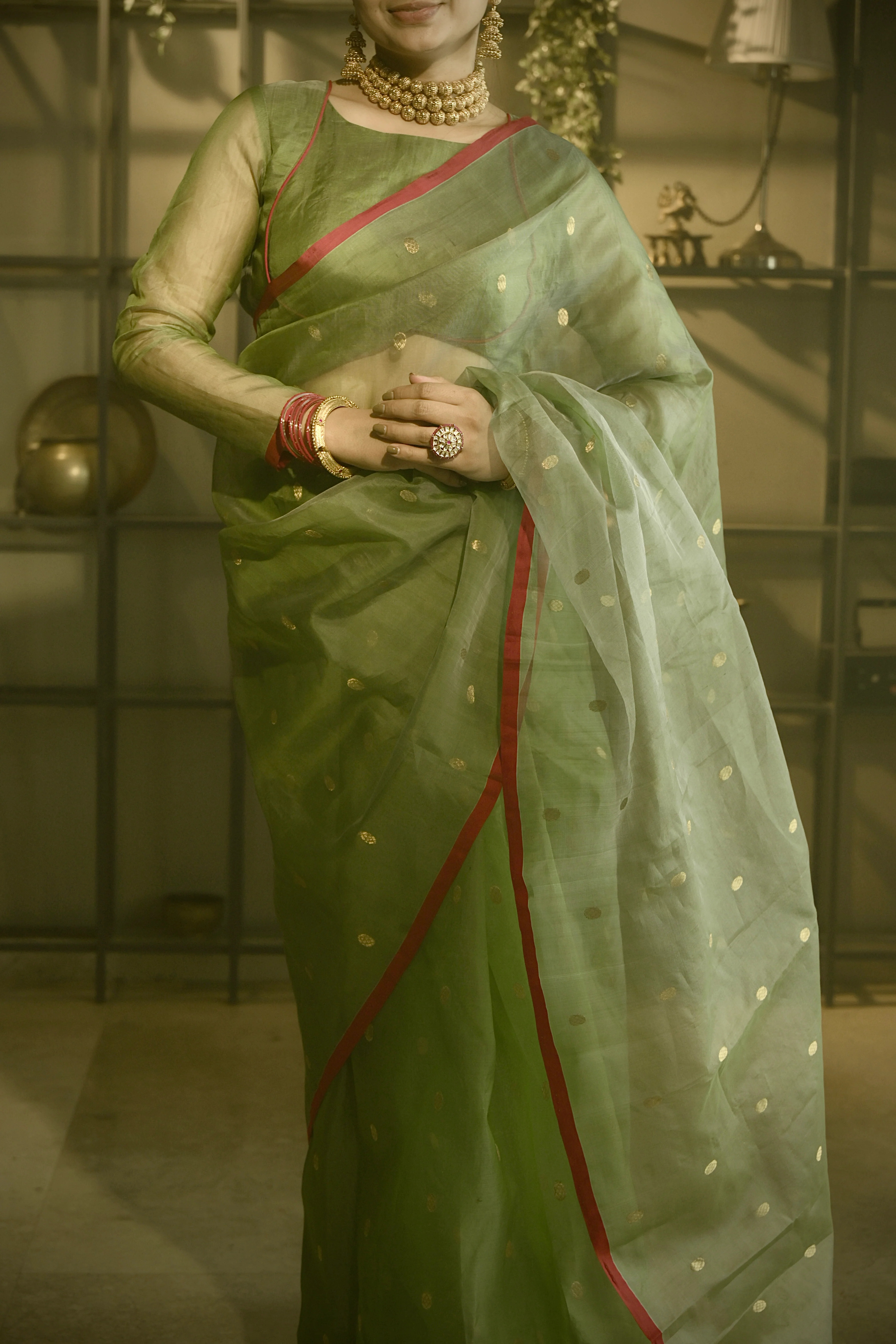 Olive gold &red Chanderi silk saree with zari bootis all over - Image 12