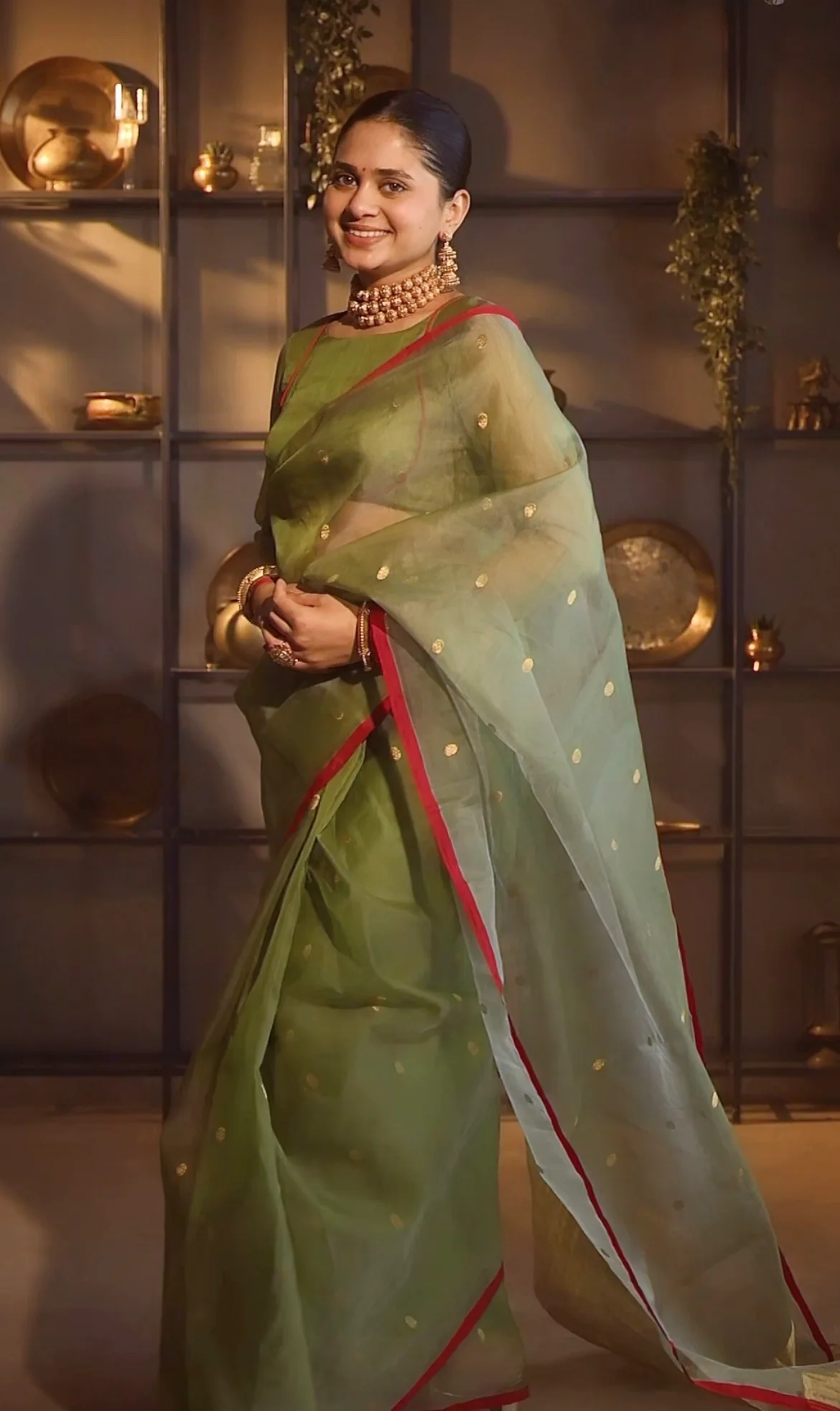 Olive gold &red Chanderi silk saree with zari bootis all over - Image 2