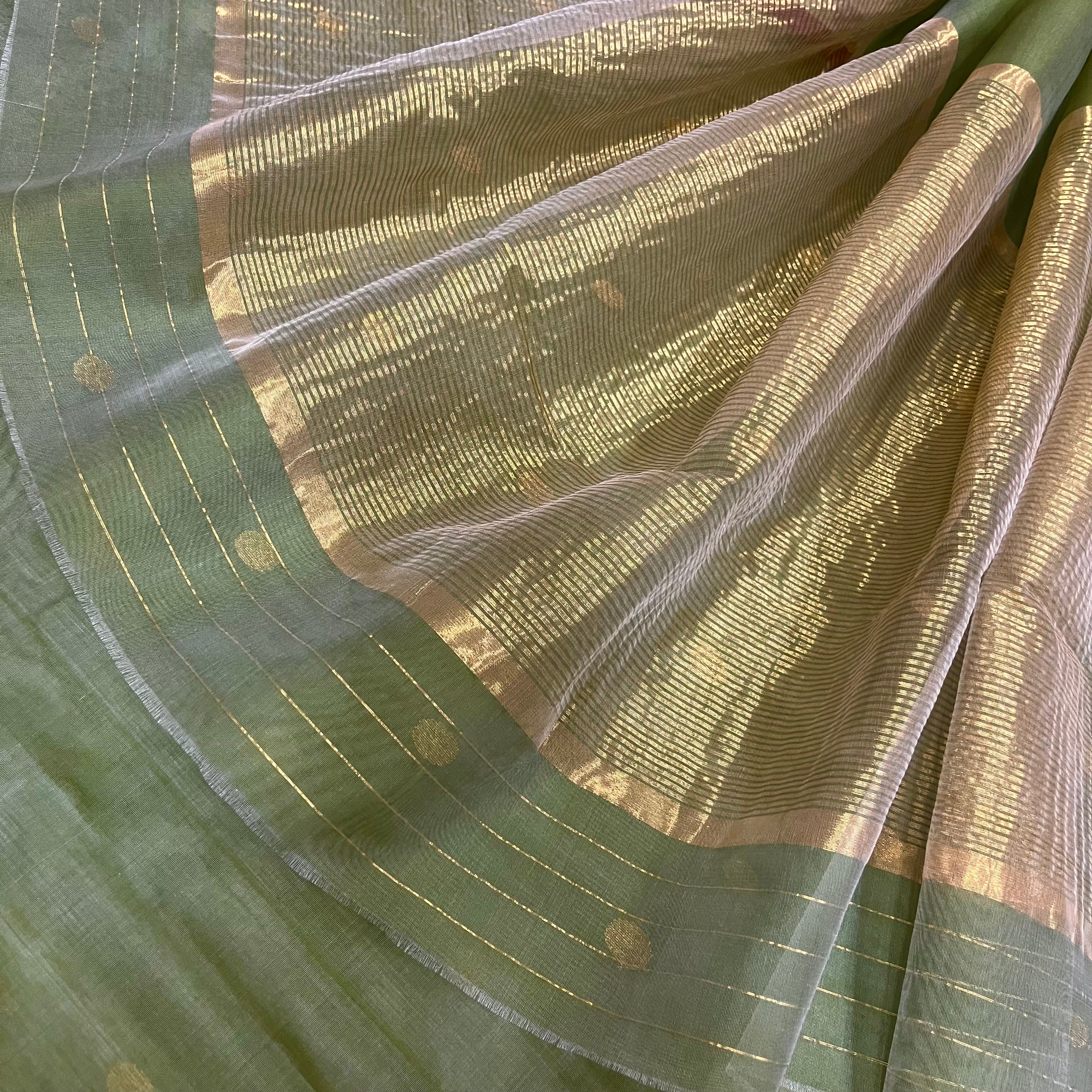 Olive gold &red Chanderi silk saree with zari bootis all over - Image 5